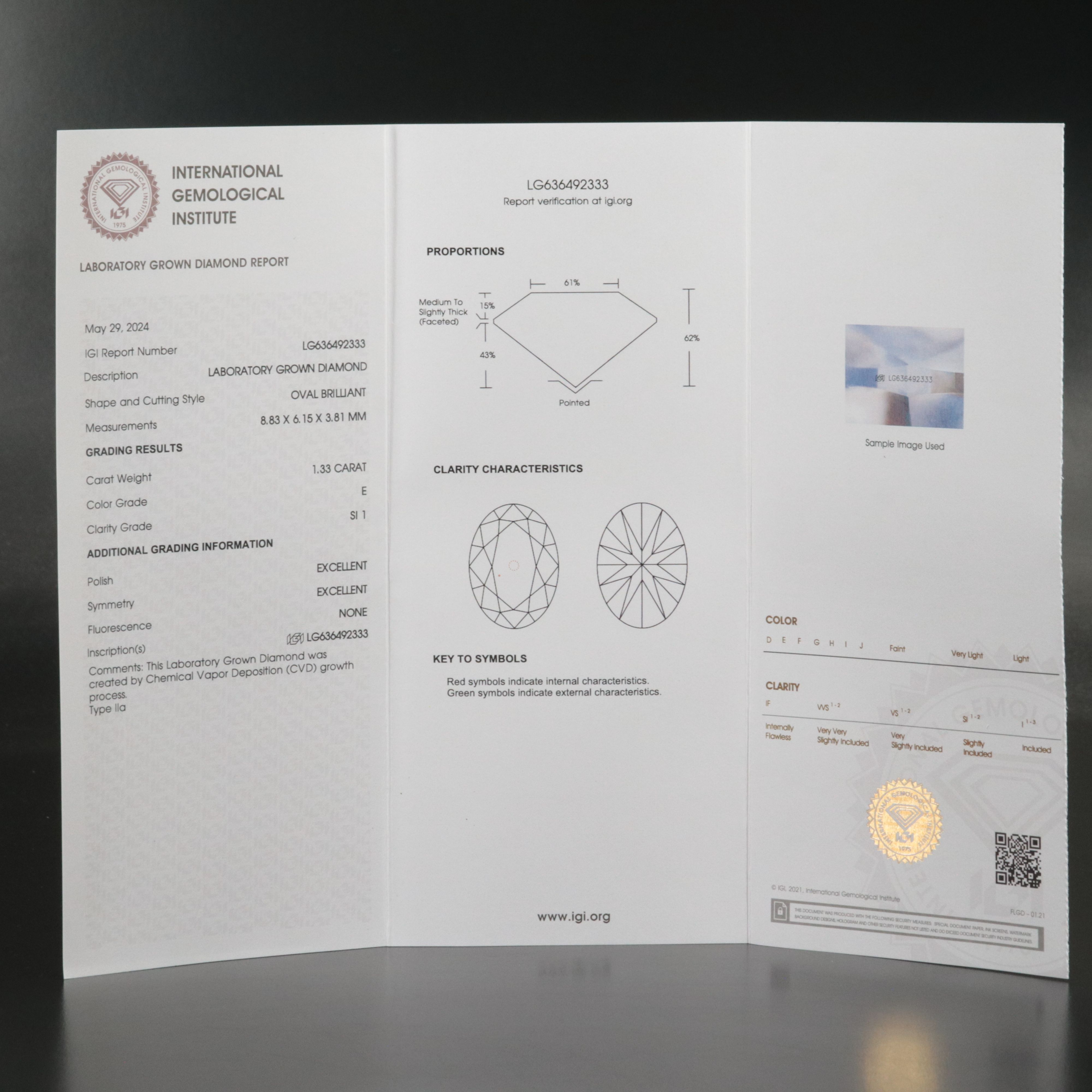 Loose 1.33 CT Lab Grown Diamond with IGI Report