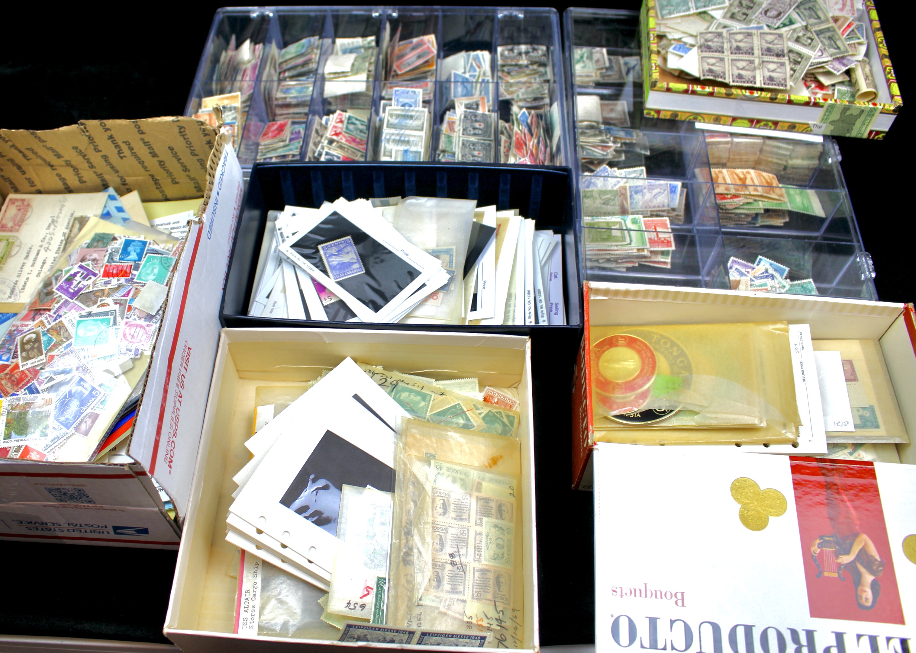 Nine-Pound Box of Postage Stamps, U.S. Foreign, Covers and More