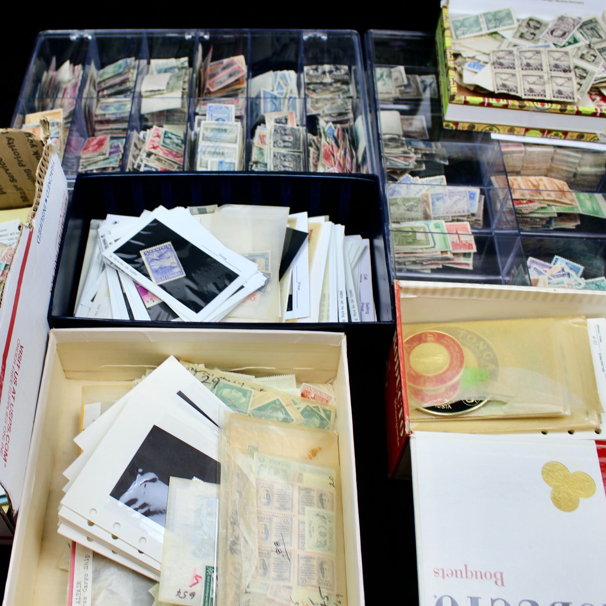 Nine-Pound Box of Postage Stamps, U.S. Foreign, Covers and More