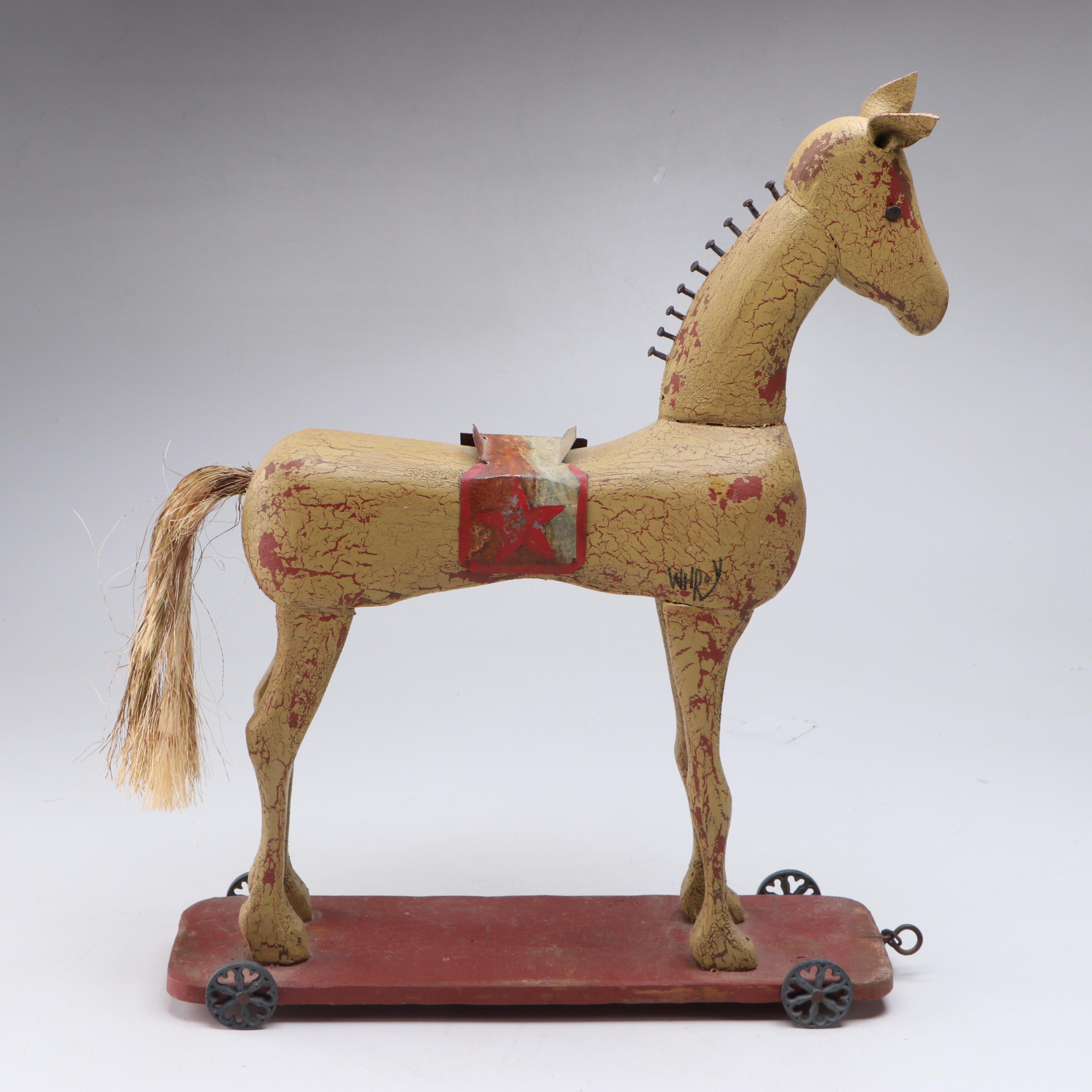 William H. Roy Handcrafted Folk Art Horse Pull Toy Figurine, Late 20th Century
