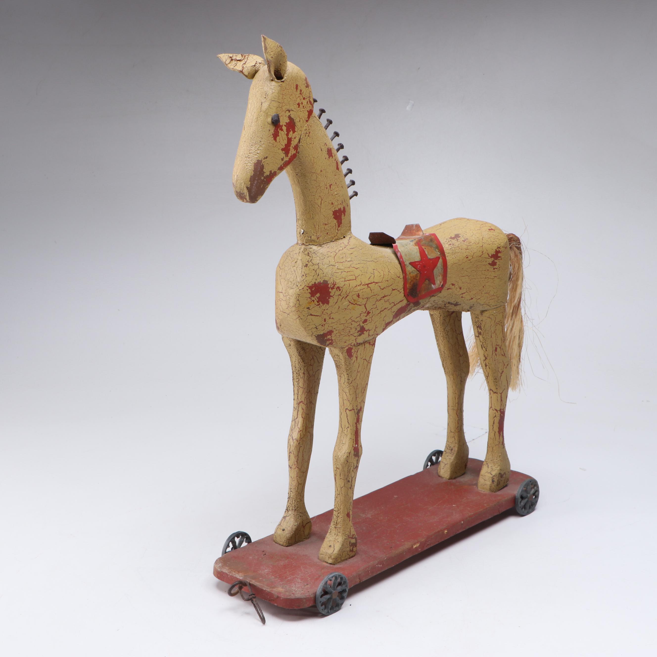 William H. Roy Handcrafted Folk Art Horse Pull Toy Figurine, Late 20th Century