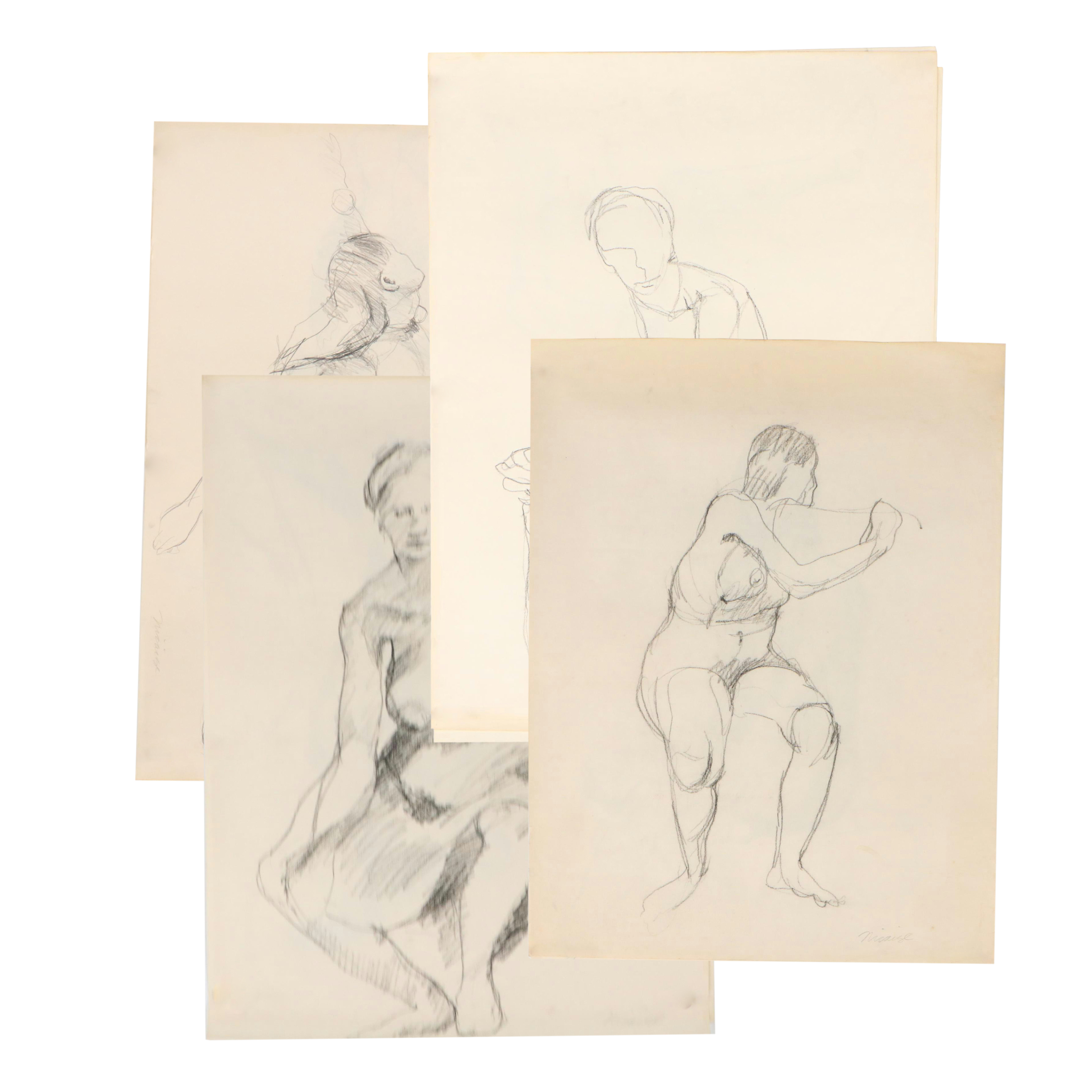 Nicaise Collection of Nude Charcoal Drawings of Lounging Figures, 1978