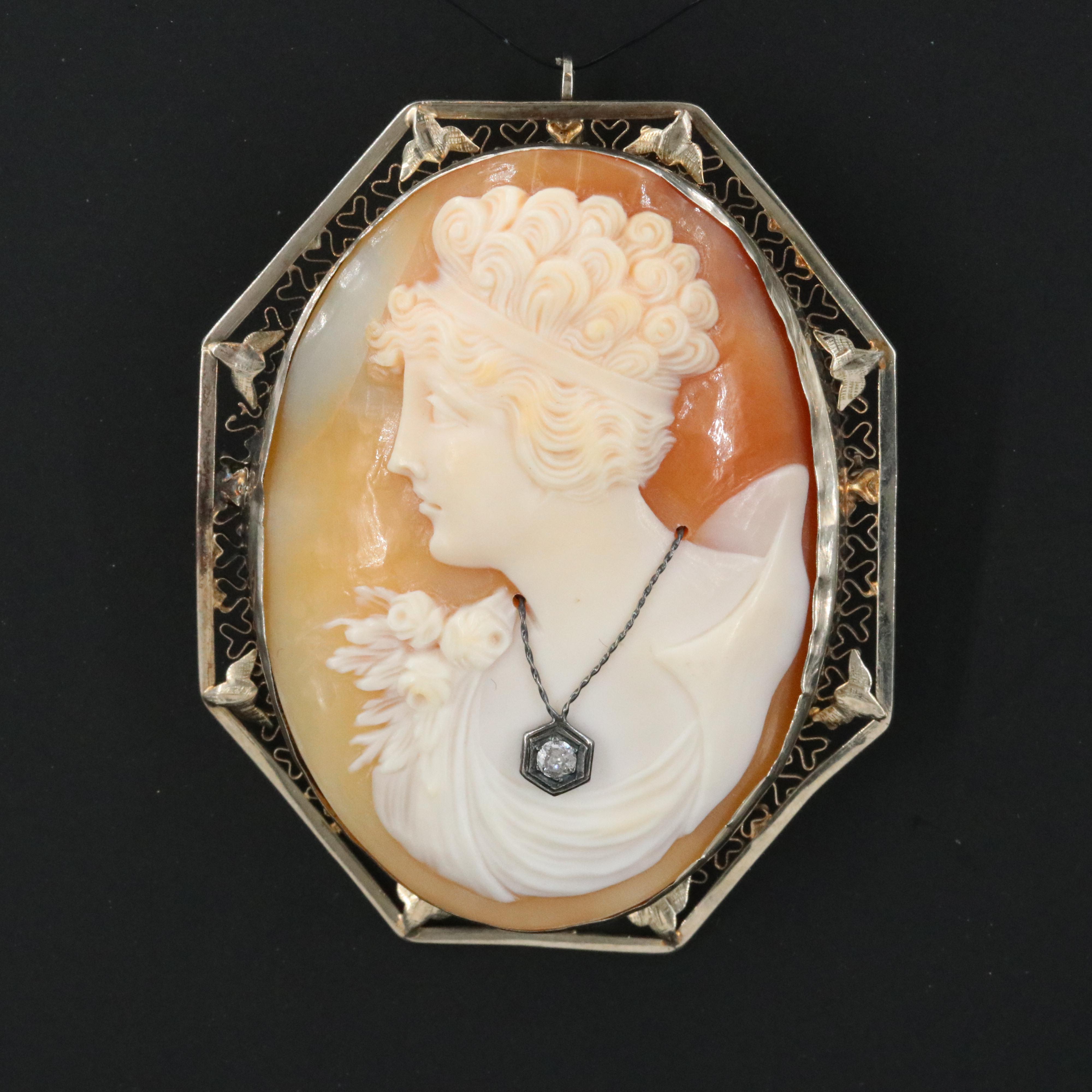 14K Habillé Shell Cameo Converter Pendant/Brooch
