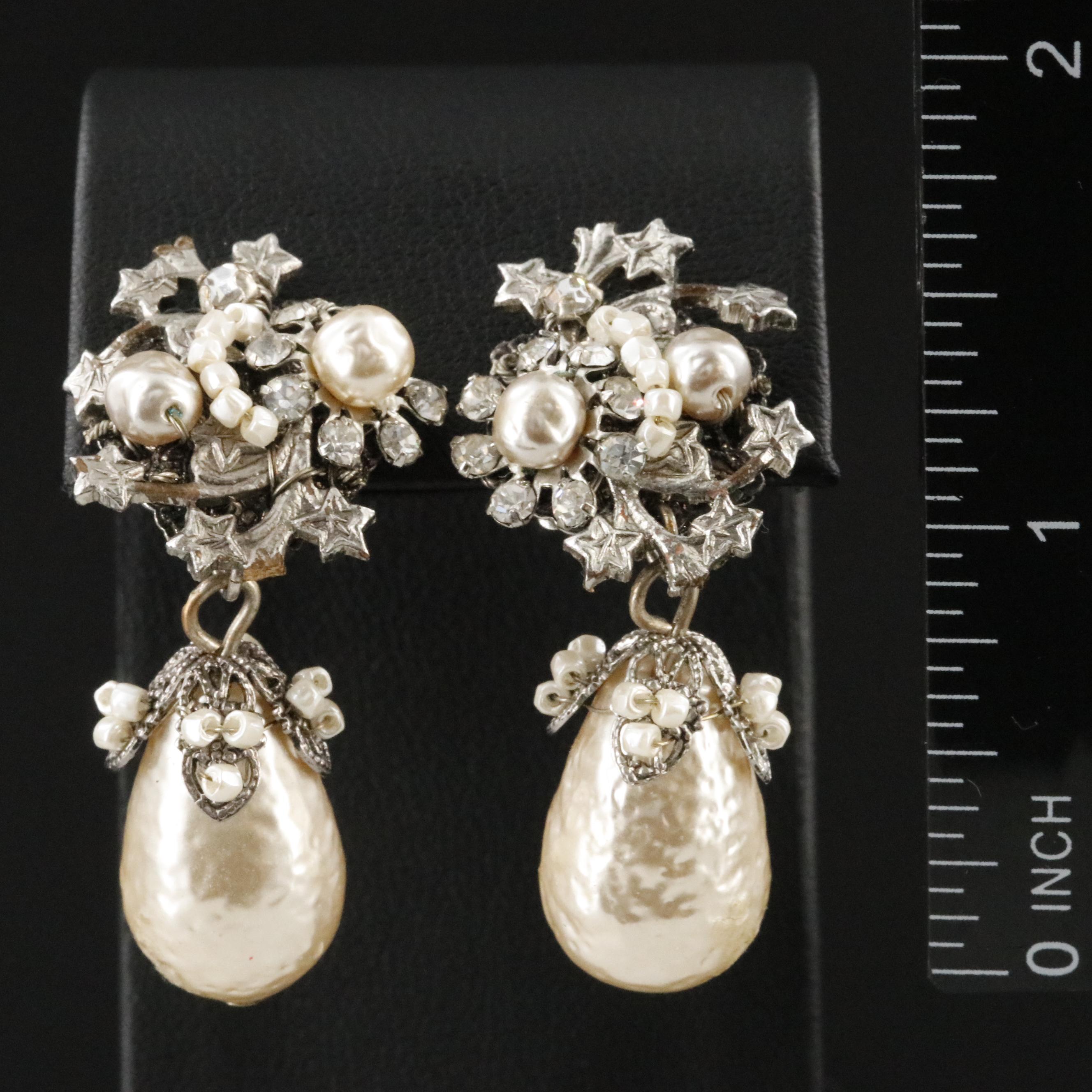 Miriam Haskell Faux Pearl and Rhinestone Earrings