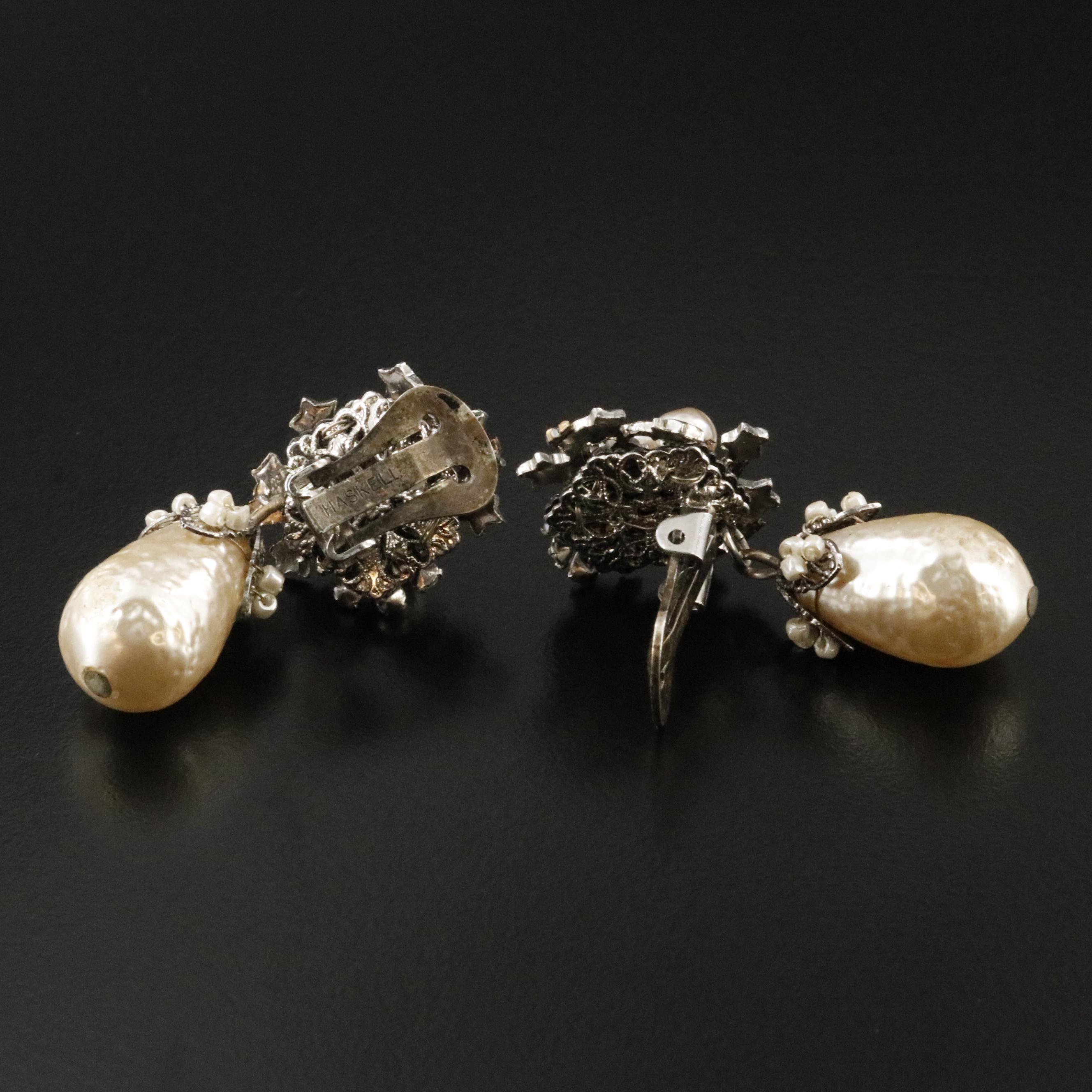 Miriam Haskell Faux Pearl and Rhinestone Earrings