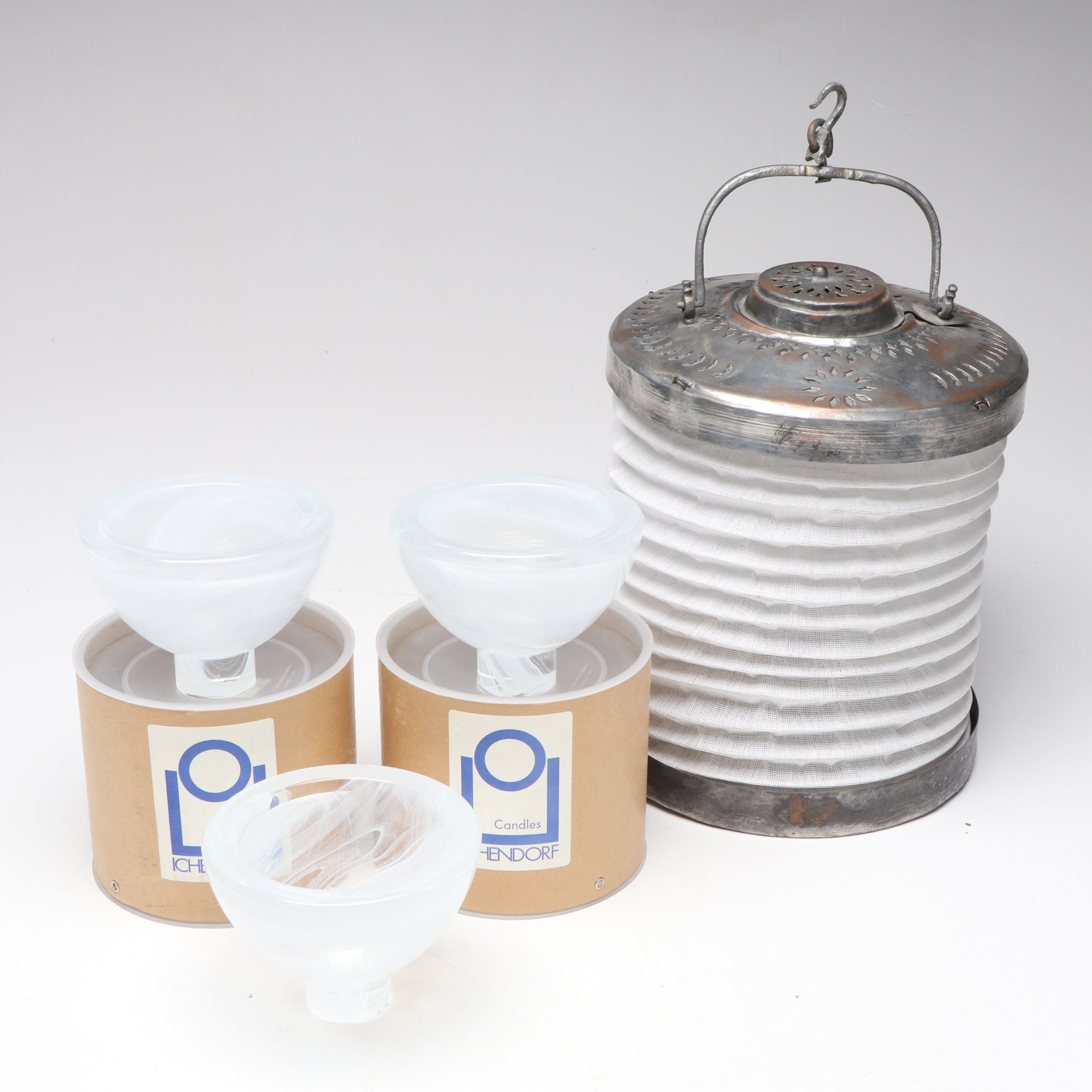 Ichendorf Glass Candle Holders with Copper and Fabric Accordion Lantern