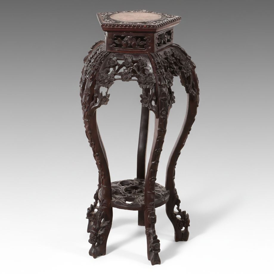 Chinese Carved Pentagonal Plant Stand with Inset Marble Top
