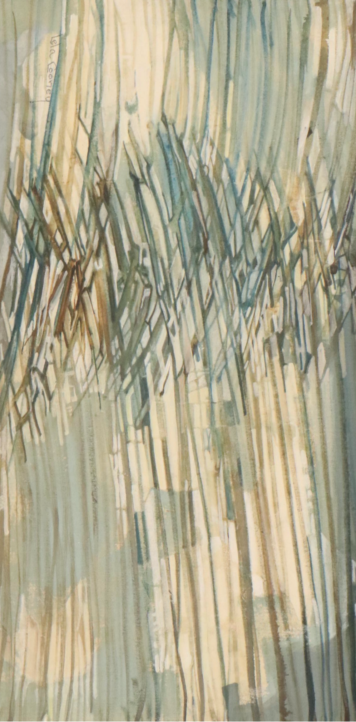 Lela Cooney Abstract Acrylic Painting "Roof Tops of Toledo," Late 20th Century