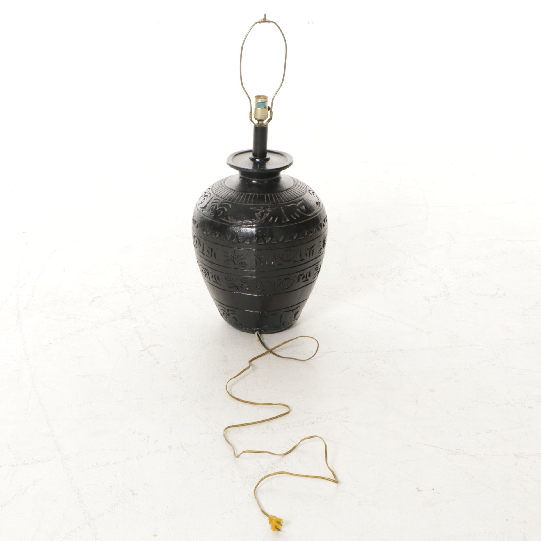Carved Motif Black Ceramic Urn Table Lamp