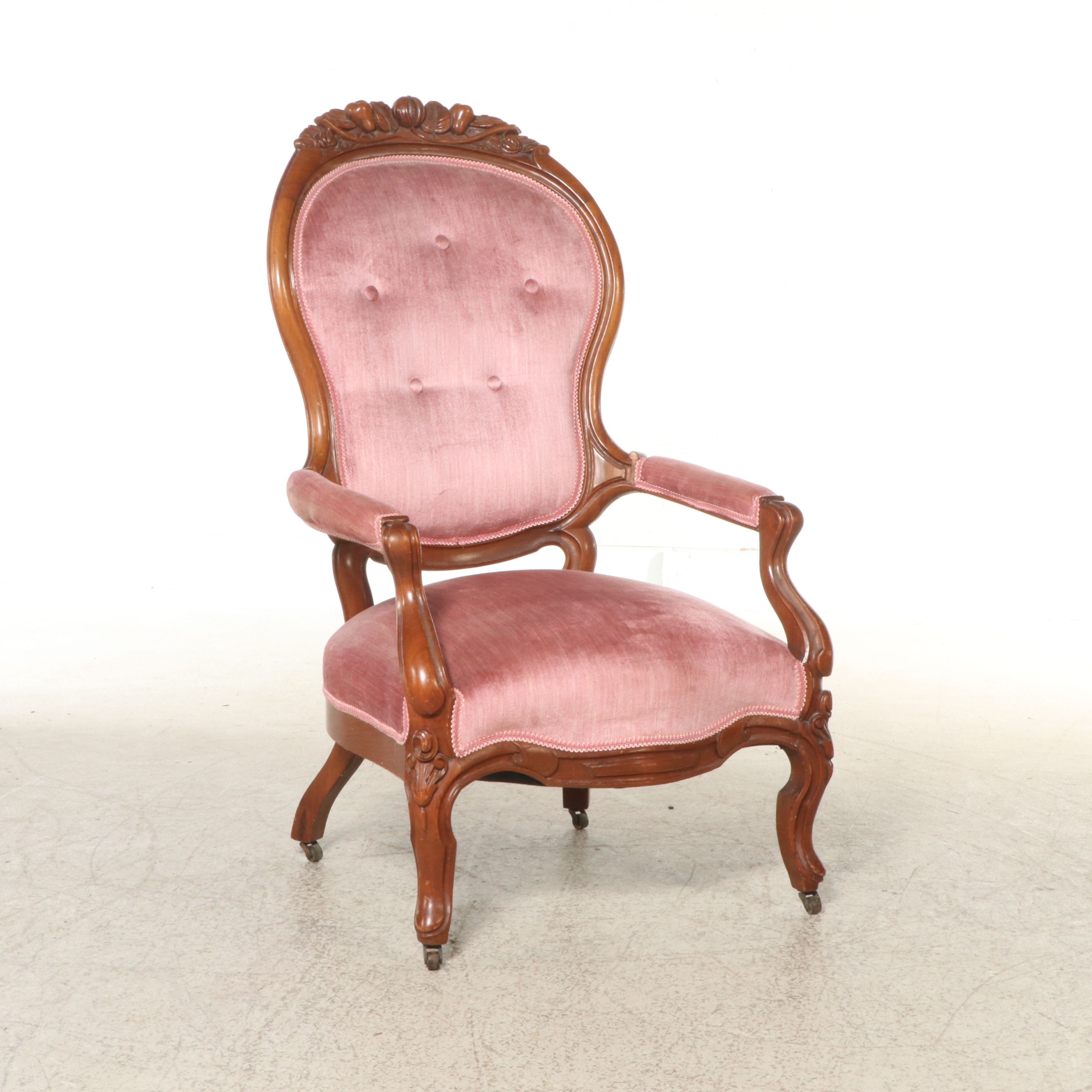 American Rococo Revival Style Carved Wood and Upholstered Armchair