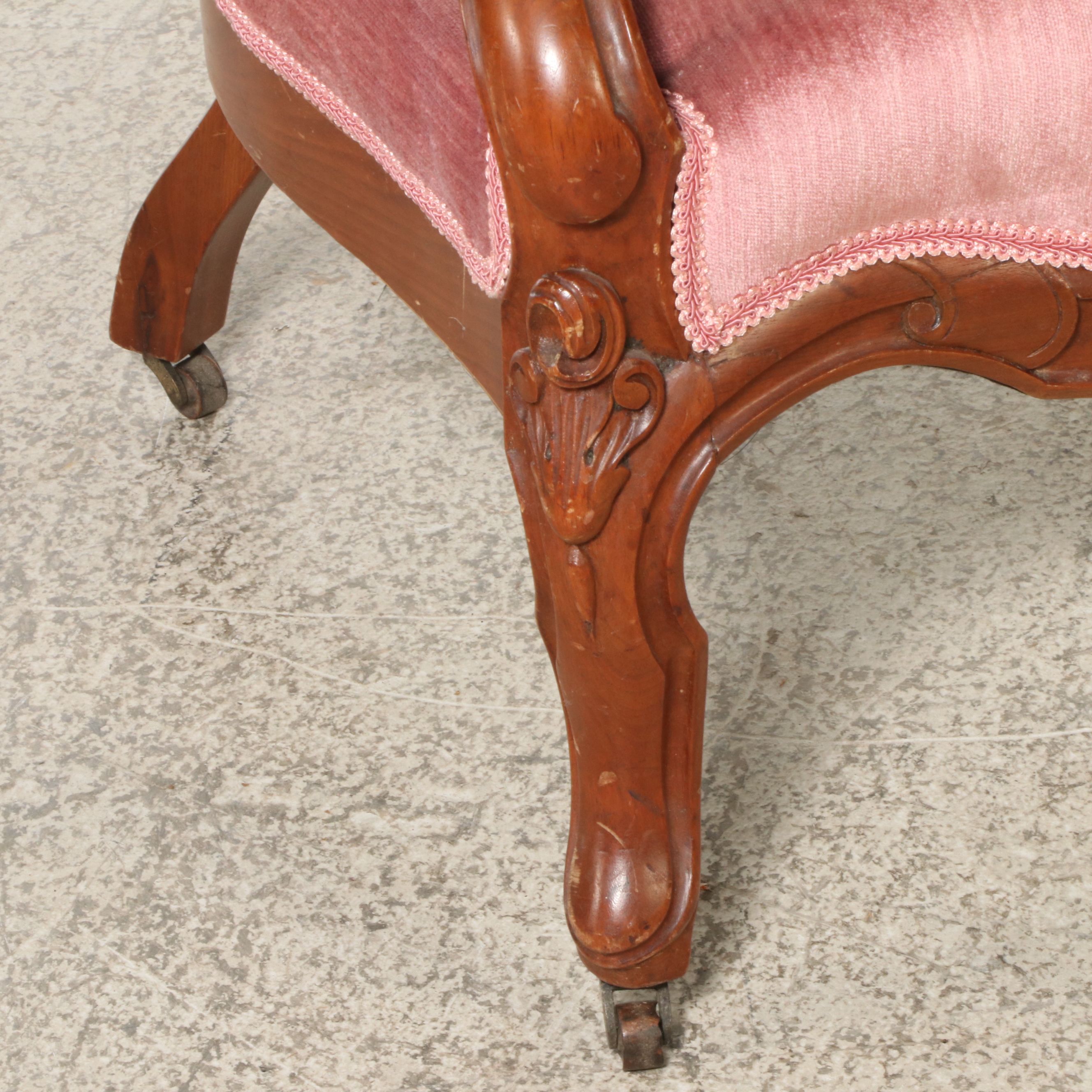 American Rococo Revival Style Carved Wood and Upholstered Armchair