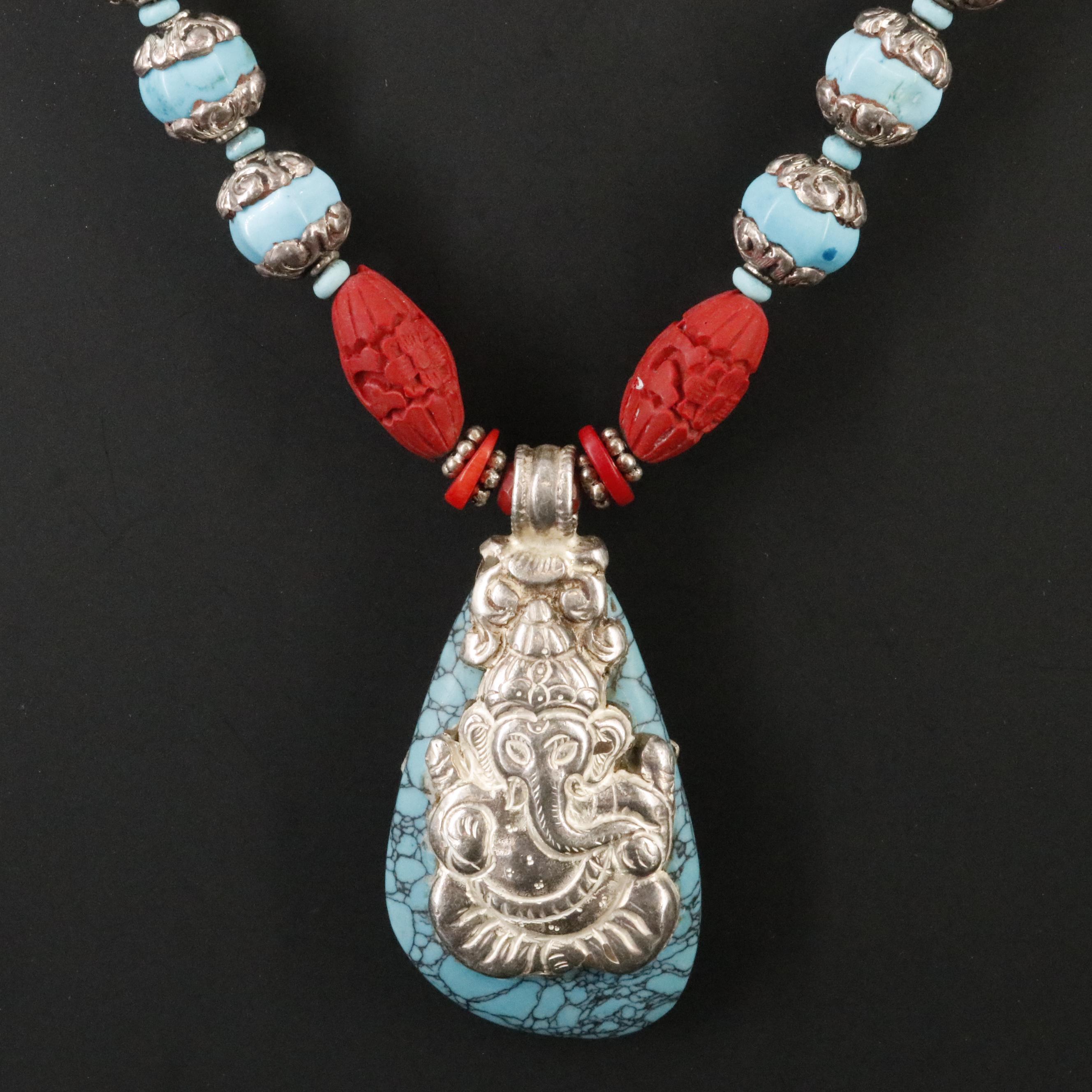 Sterling Howlite and Coral Necklace with Elephant Motif