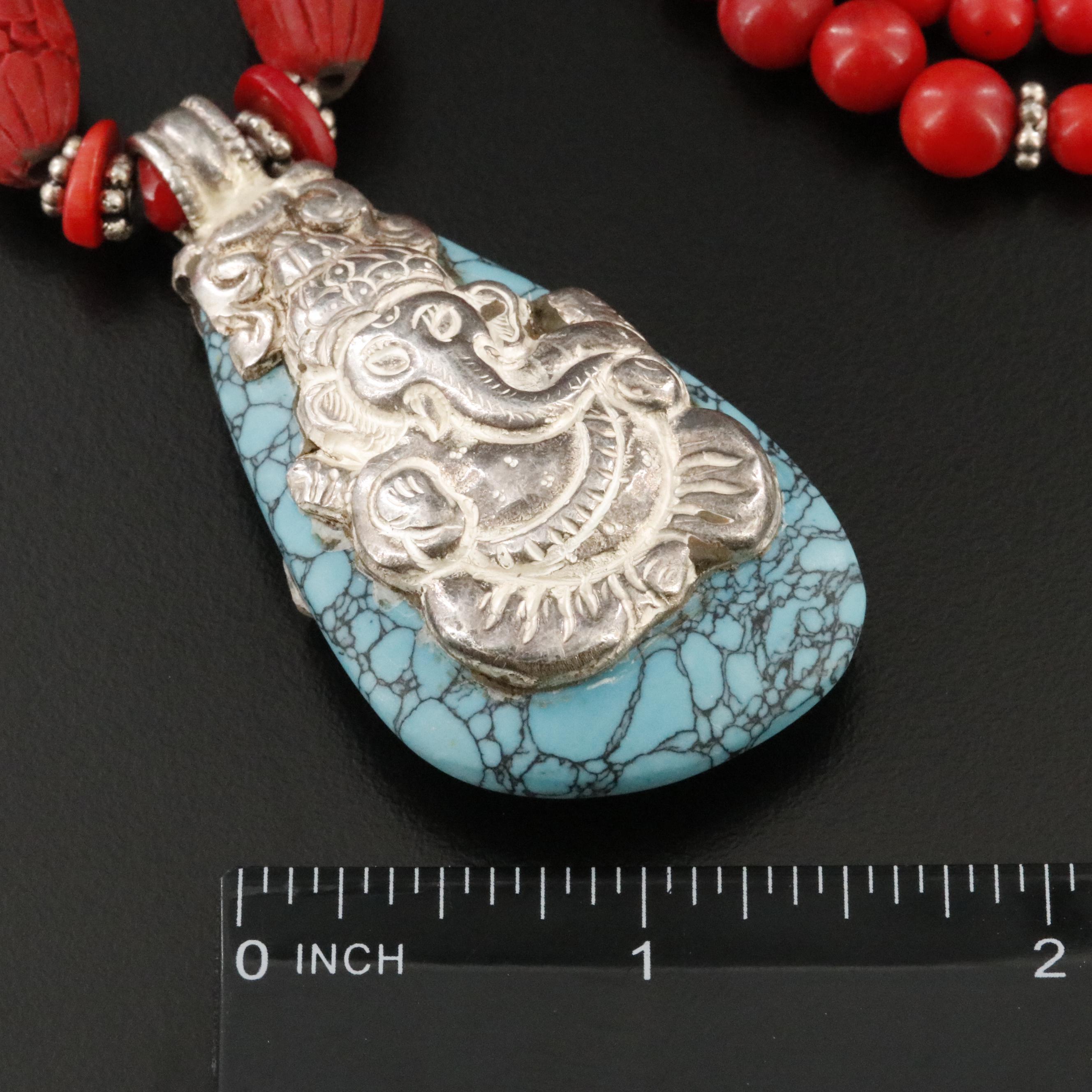 Sterling Howlite and Coral Necklace with Elephant Motif