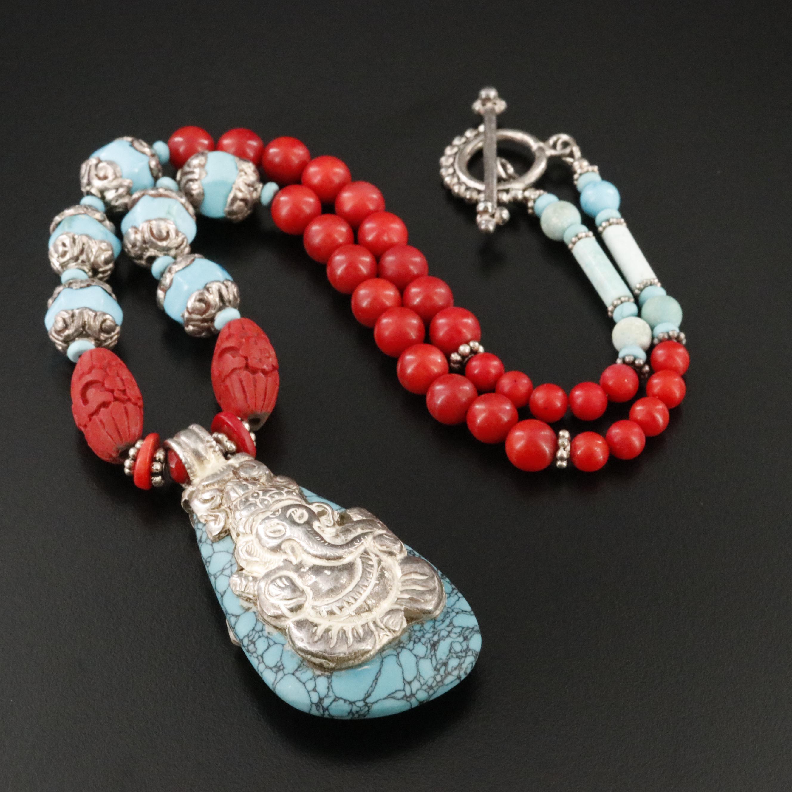 Sterling Howlite and Coral Necklace with Elephant Motif