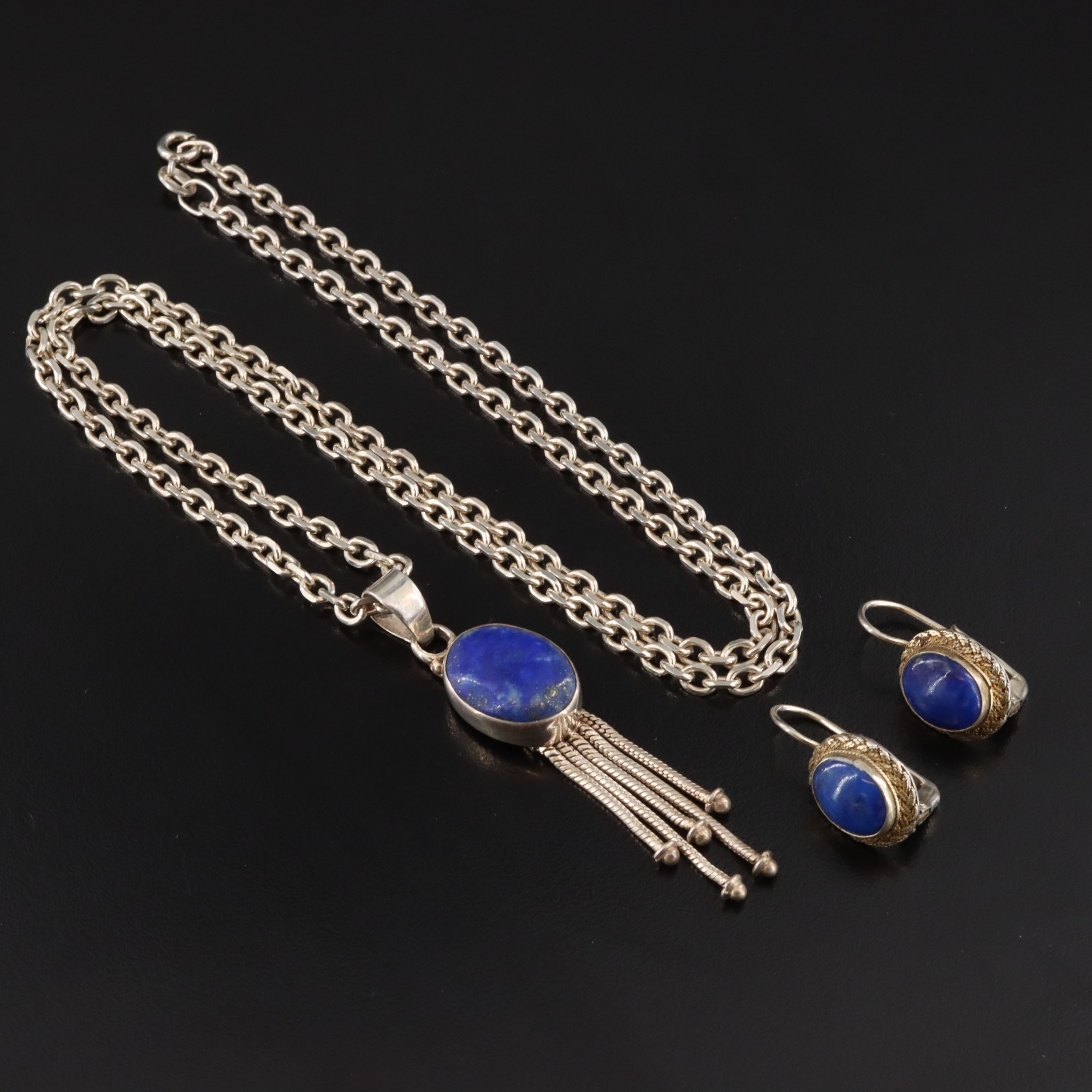 Sterling Lapis Lazuli Pendant Necklace with Earrings