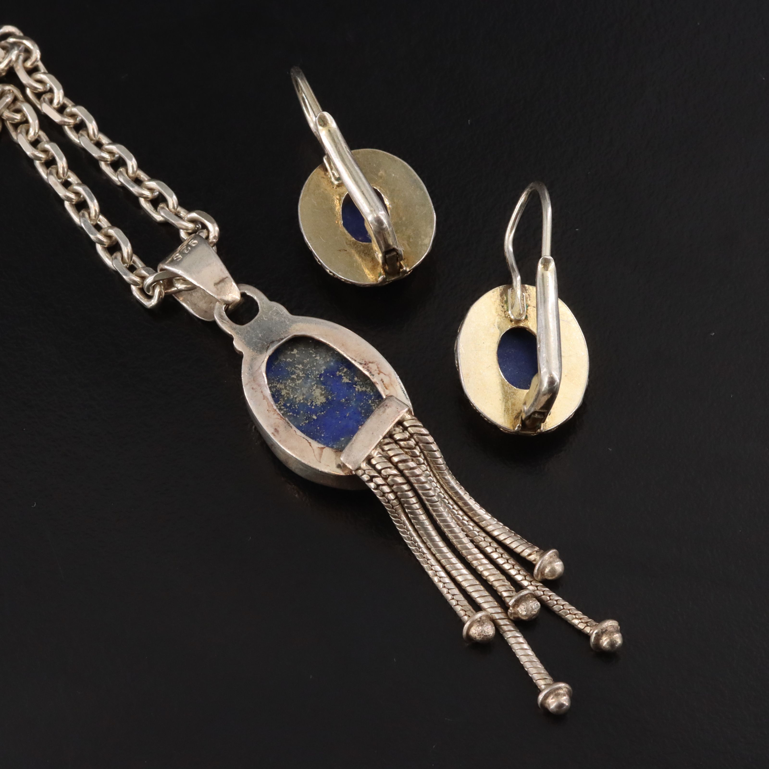 Sterling Lapis Lazuli Pendant Necklace with Earrings