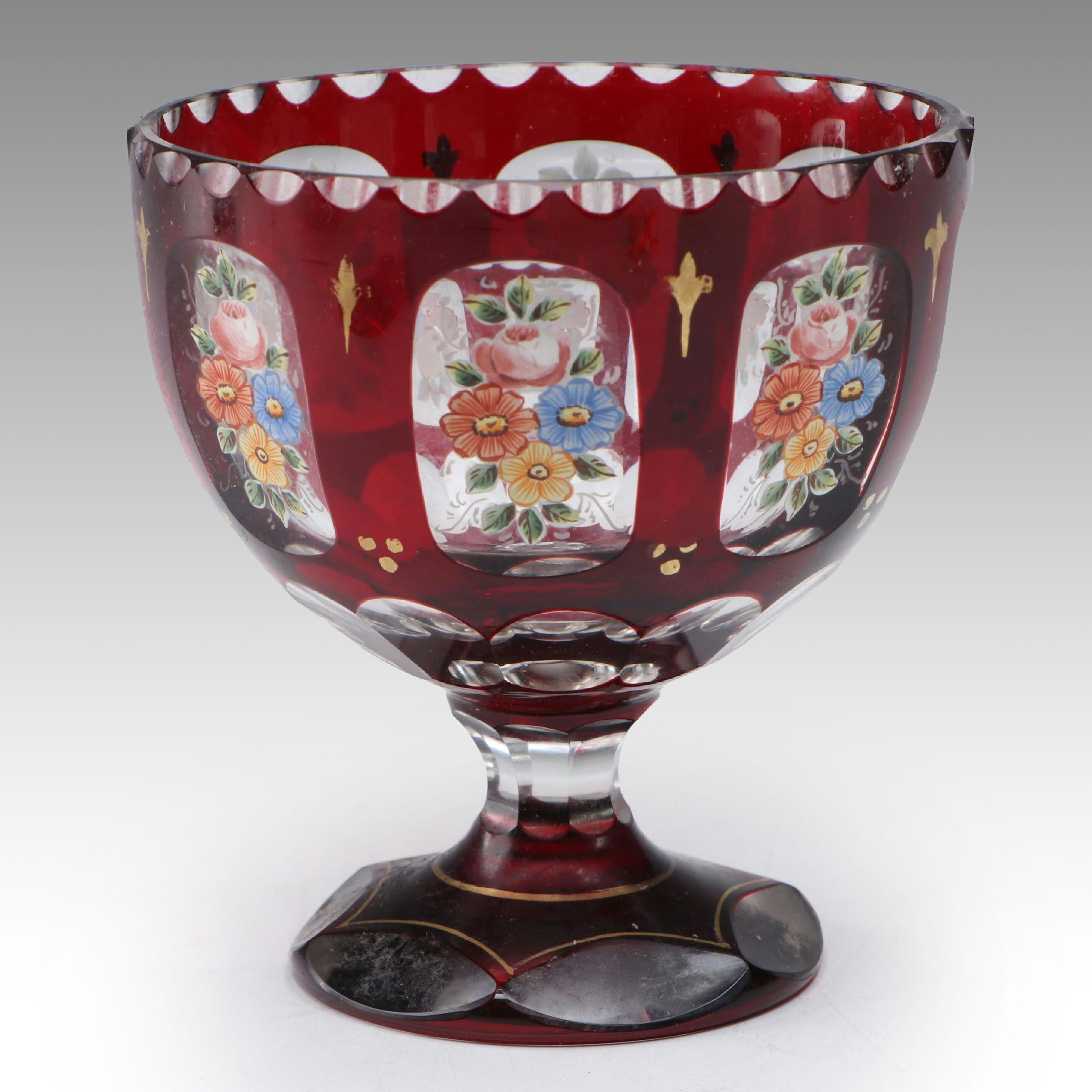 Bohemian Style Hand-Painted Ruby Cut to Clear Footed Bowl, 20th Century