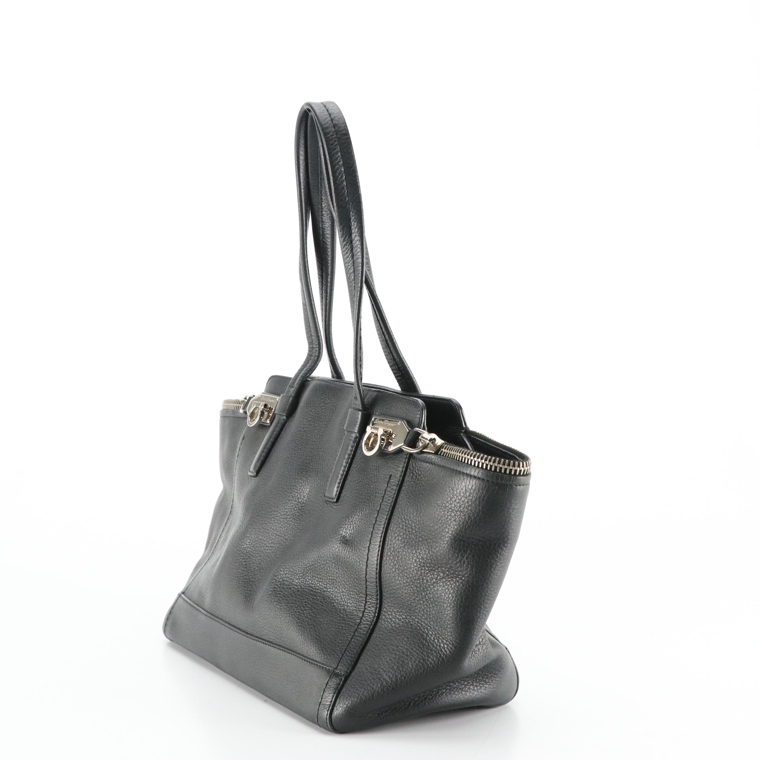 Salvatore Ferragamo Calfskin Grain Leather Shoulder Bag with Gancini Hardware