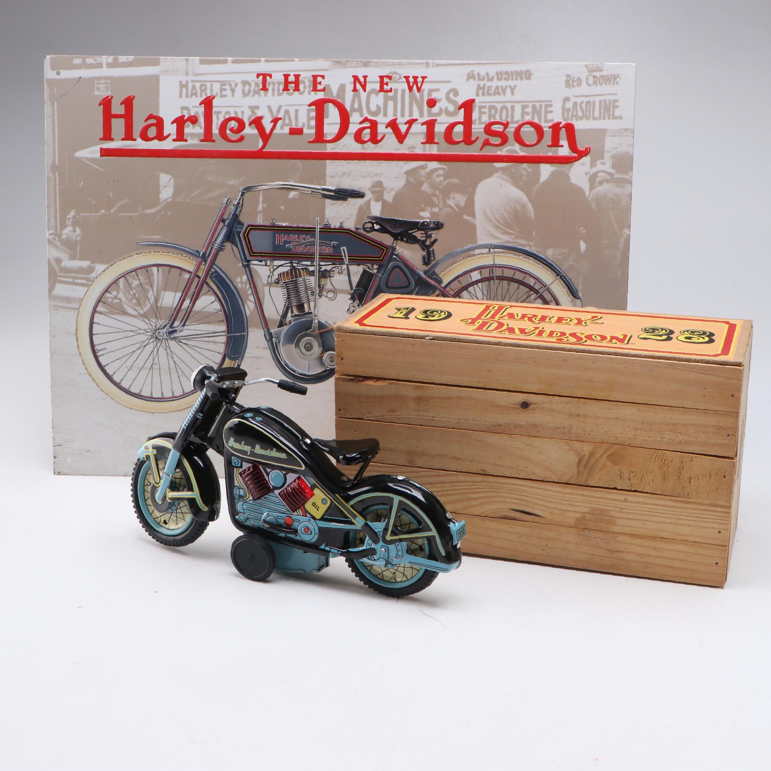 Xonex Tin Model 1950s Harley-Davidson with "The Silent Gray Fellow" Sign