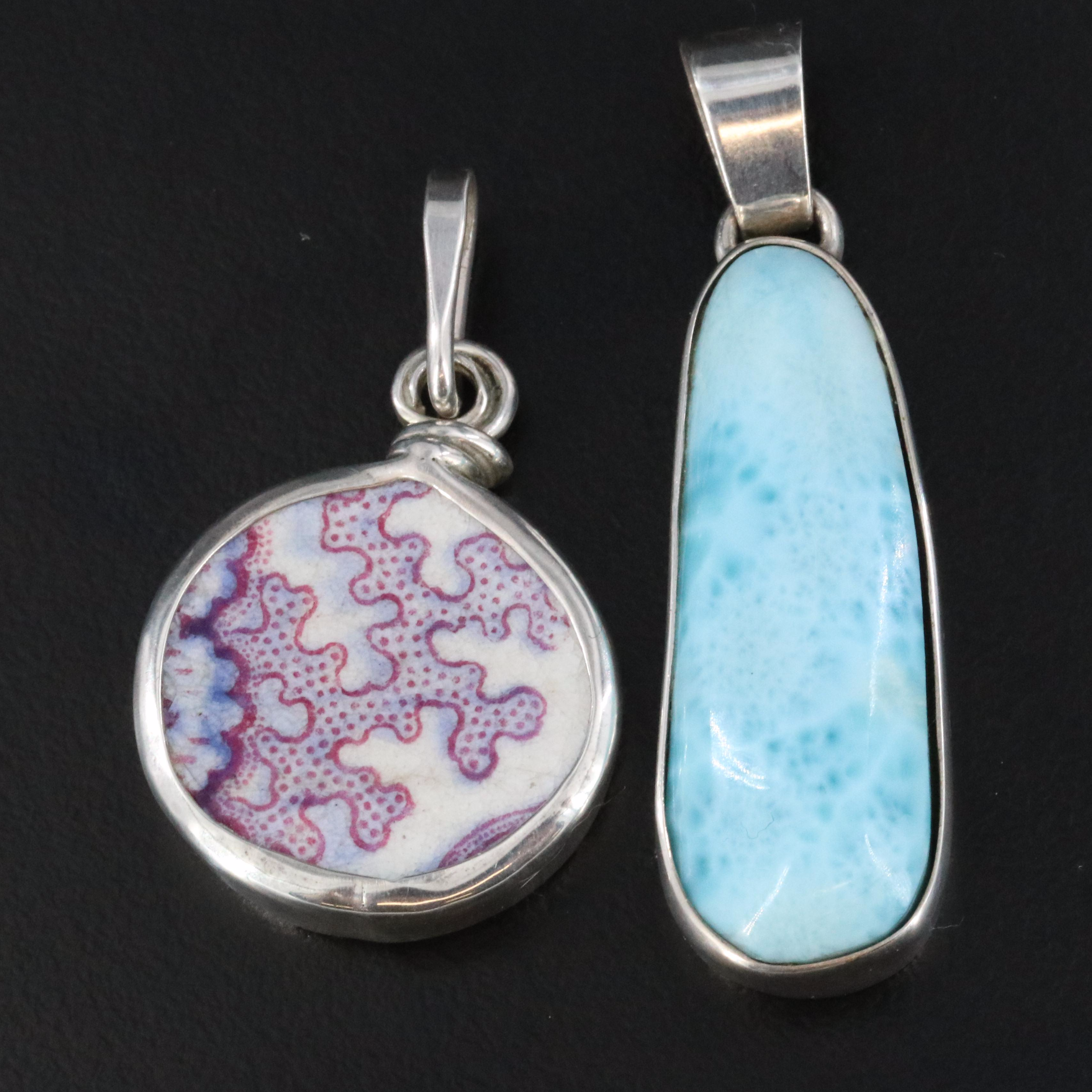 Sterling Larimar and Ceramic Pendants