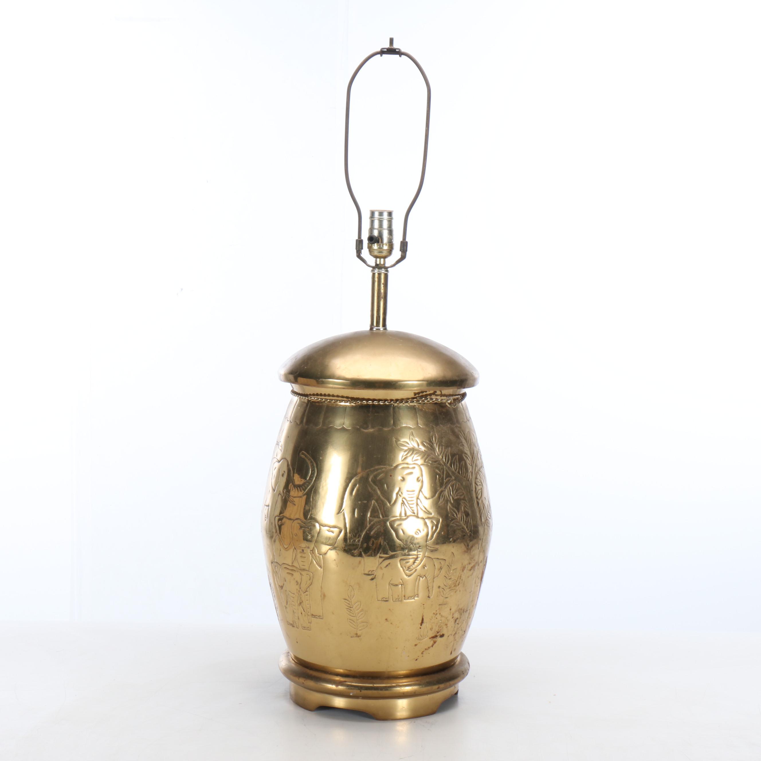 Etched Brass Elephant Table Lamp with Pleated Shade