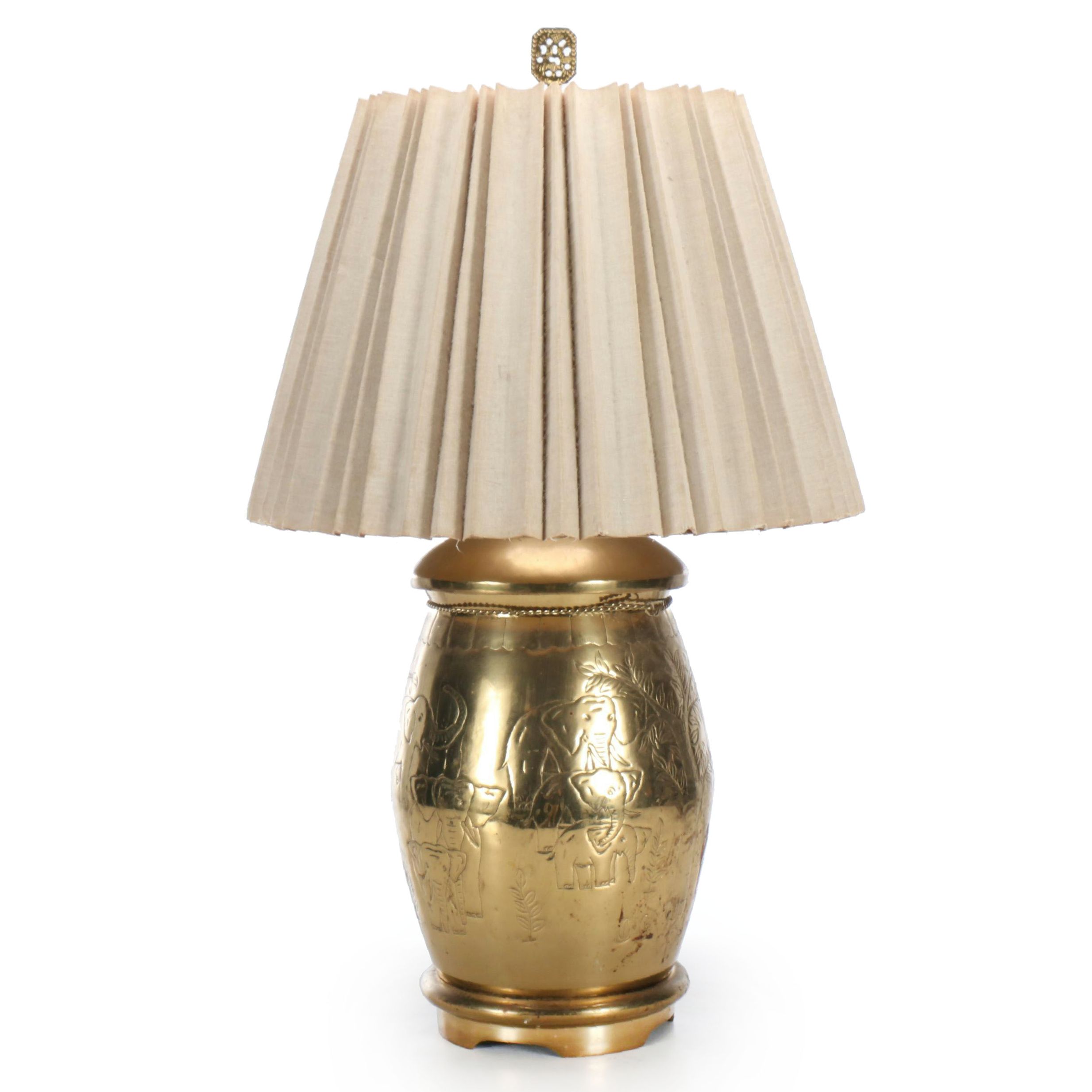 Etched Brass Elephant Table Lamp with Pleated Shade