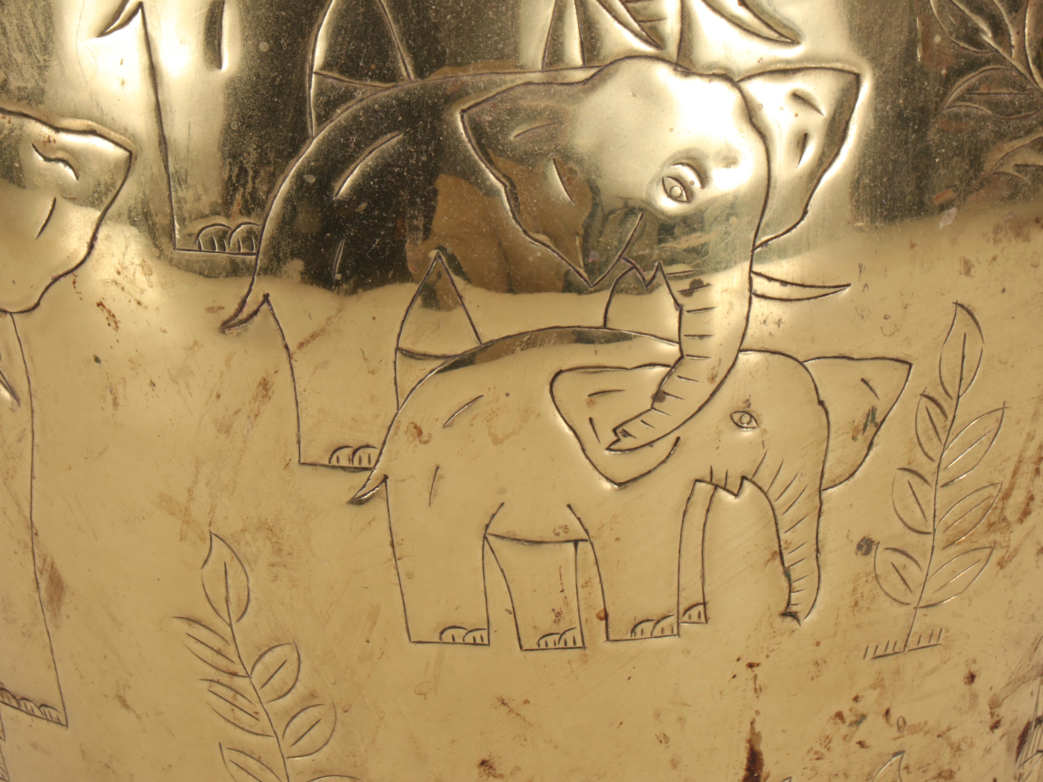 Etched Brass Elephant Table Lamp with Pleated Shade