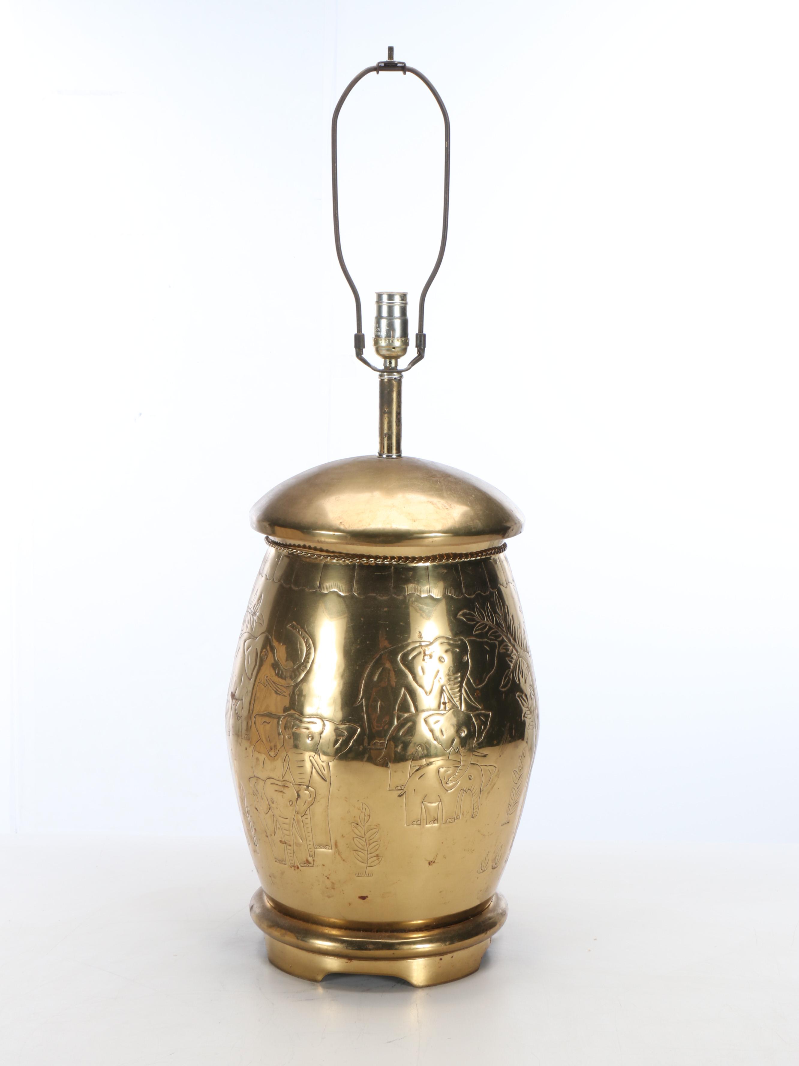 Etched Brass Elephant Table Lamp with Pleated Shade