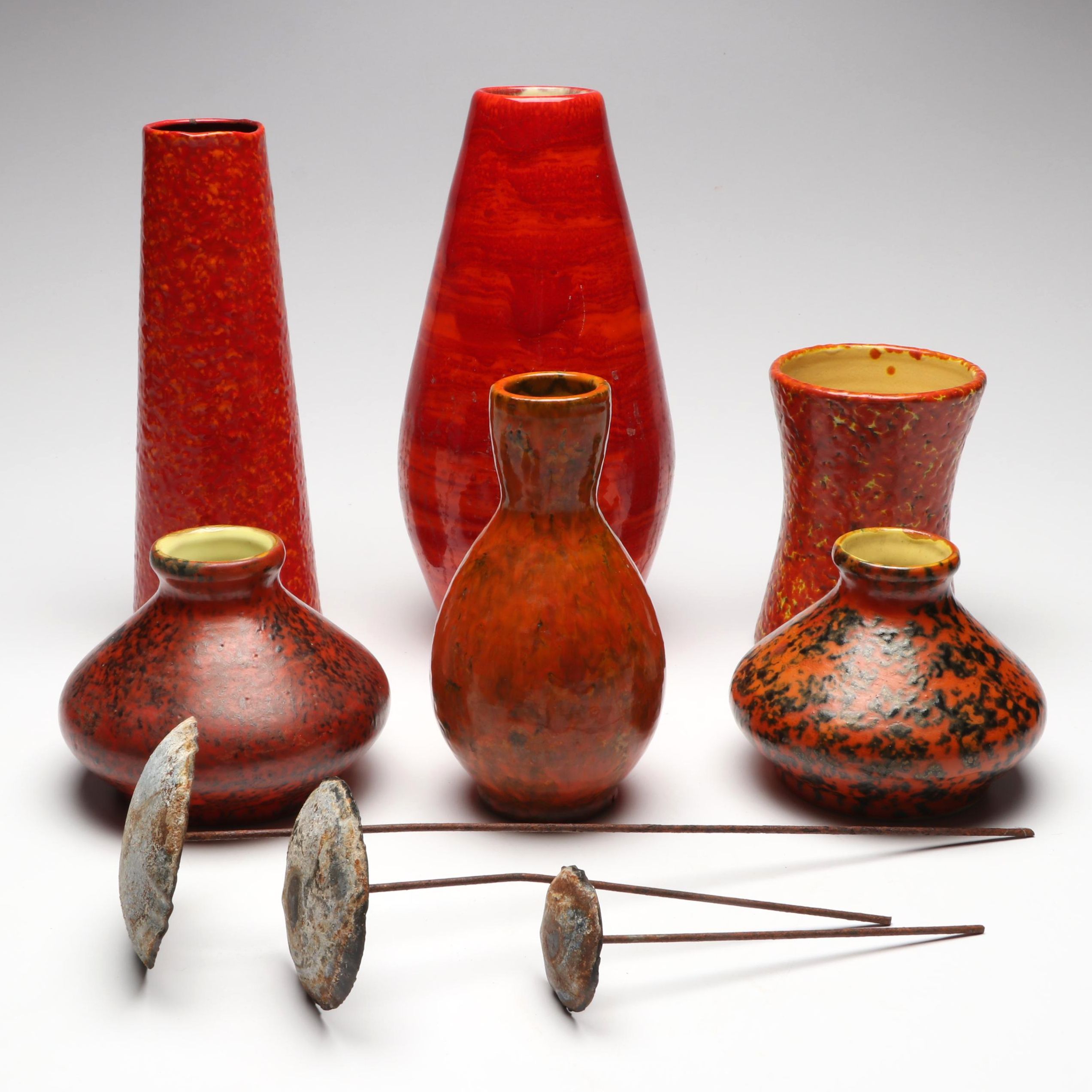 Mid-Century Mottled Orange and Red Pottery Vases