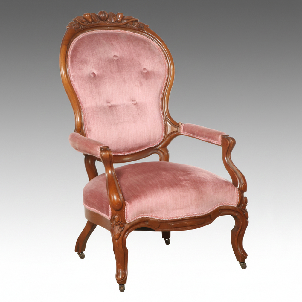 American Rococo Revival Style Carved Wood and Upholstered Armchair