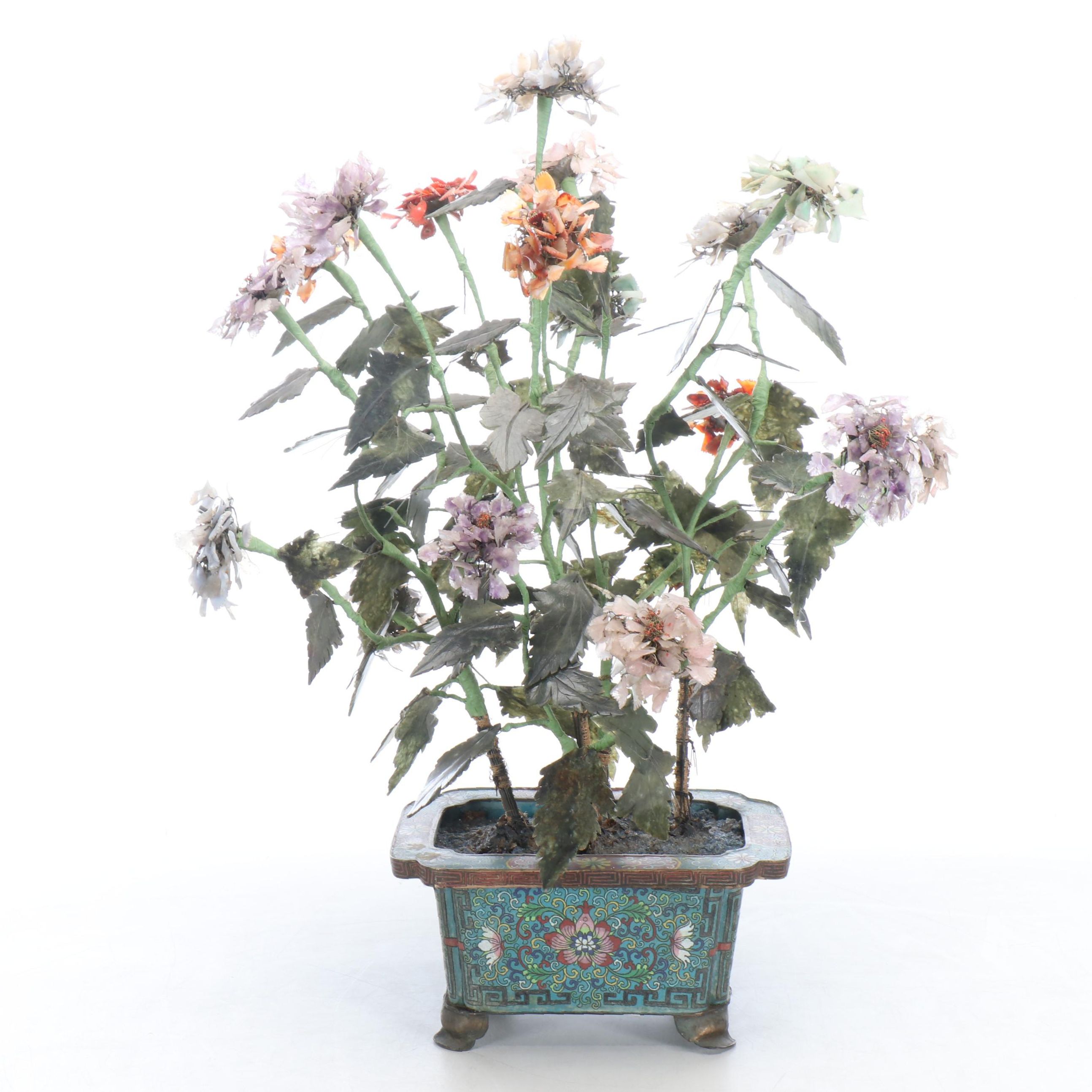 Chinese Carved Rose Quartz, Agate, and Glass Bonsai in Cloisonné Base