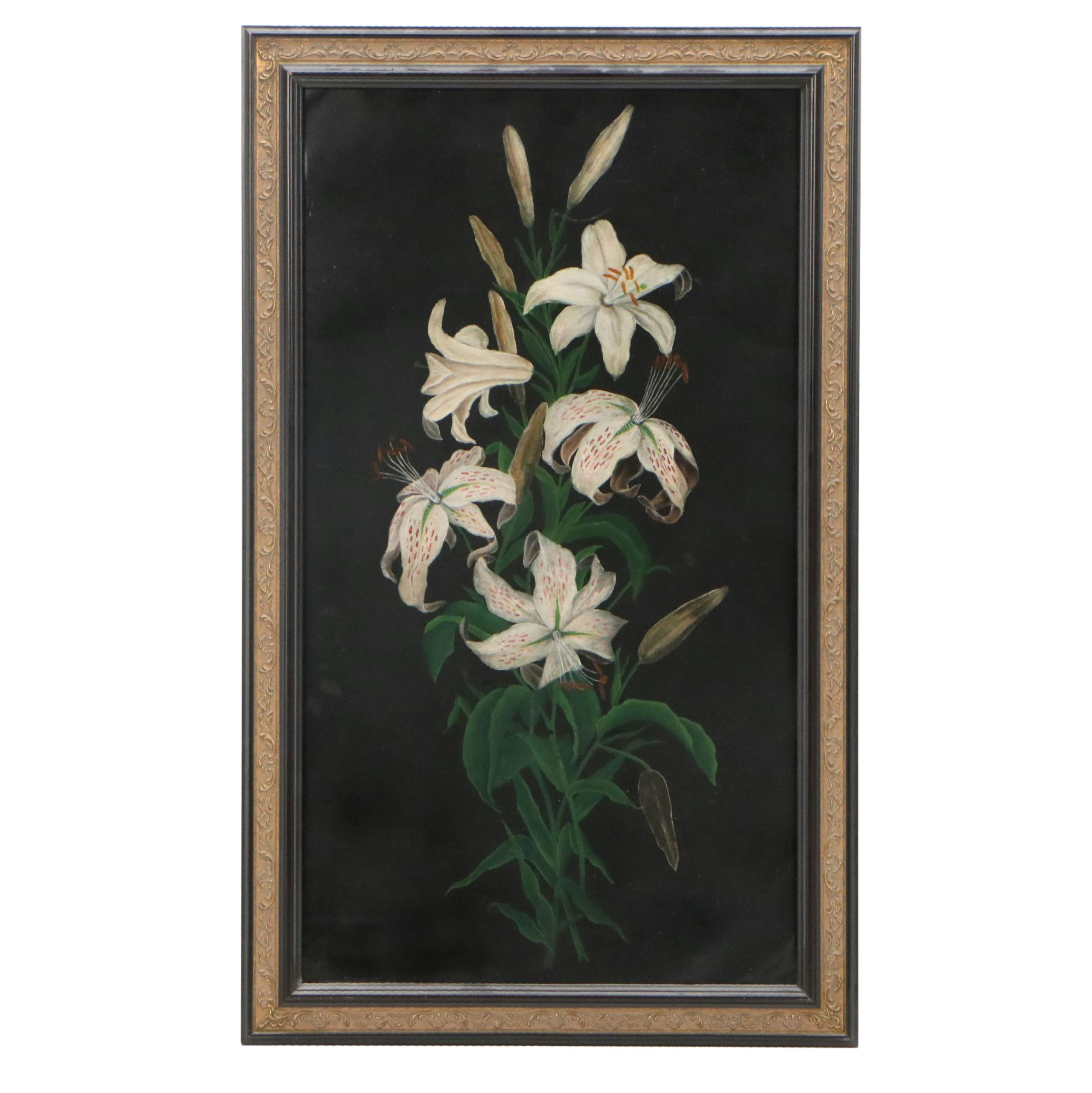 Floral Still Life Oil Painting of White Lilies, Mid-20th Century
