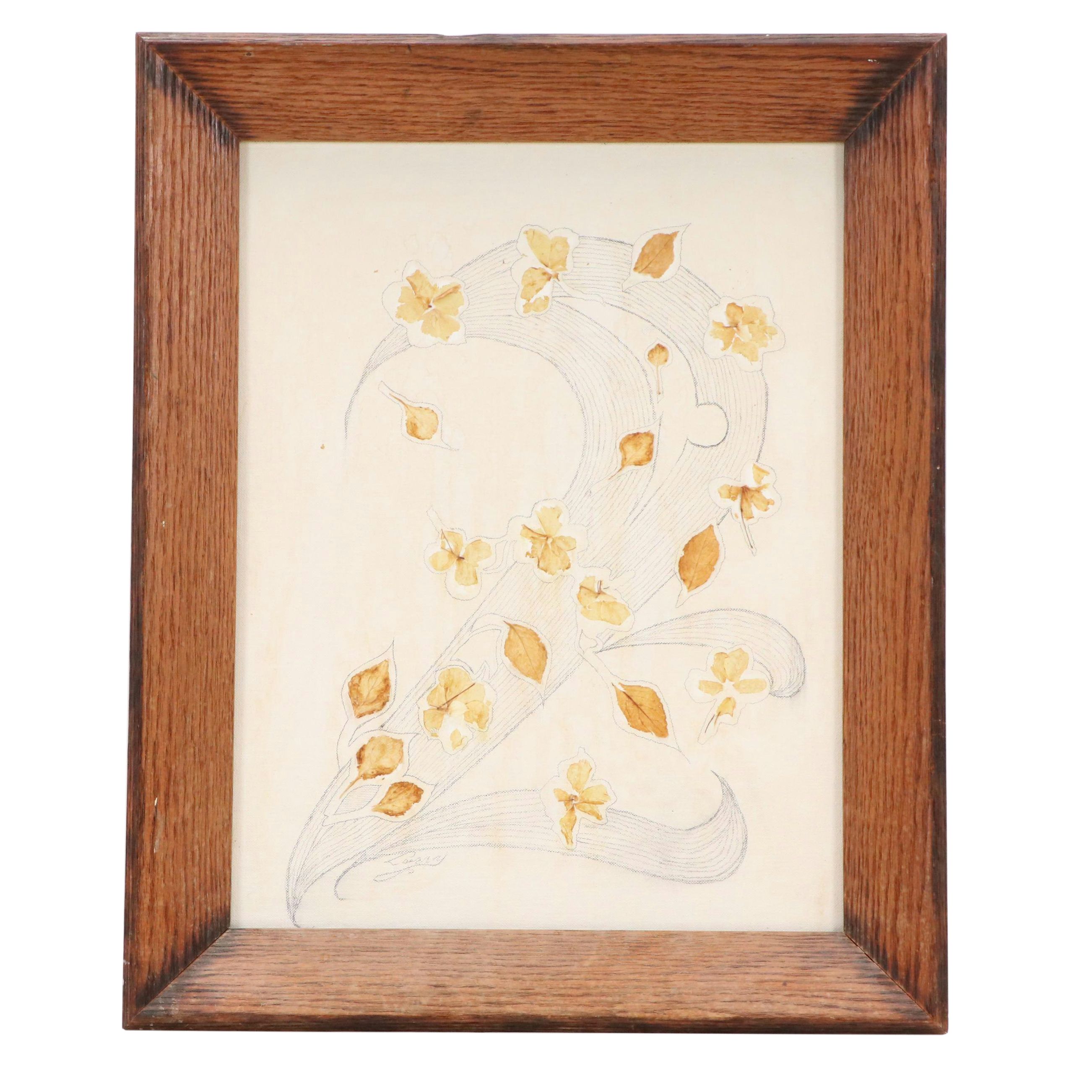 Abstract Drawing with Dried Leaves and Flowers, Late 20th Century