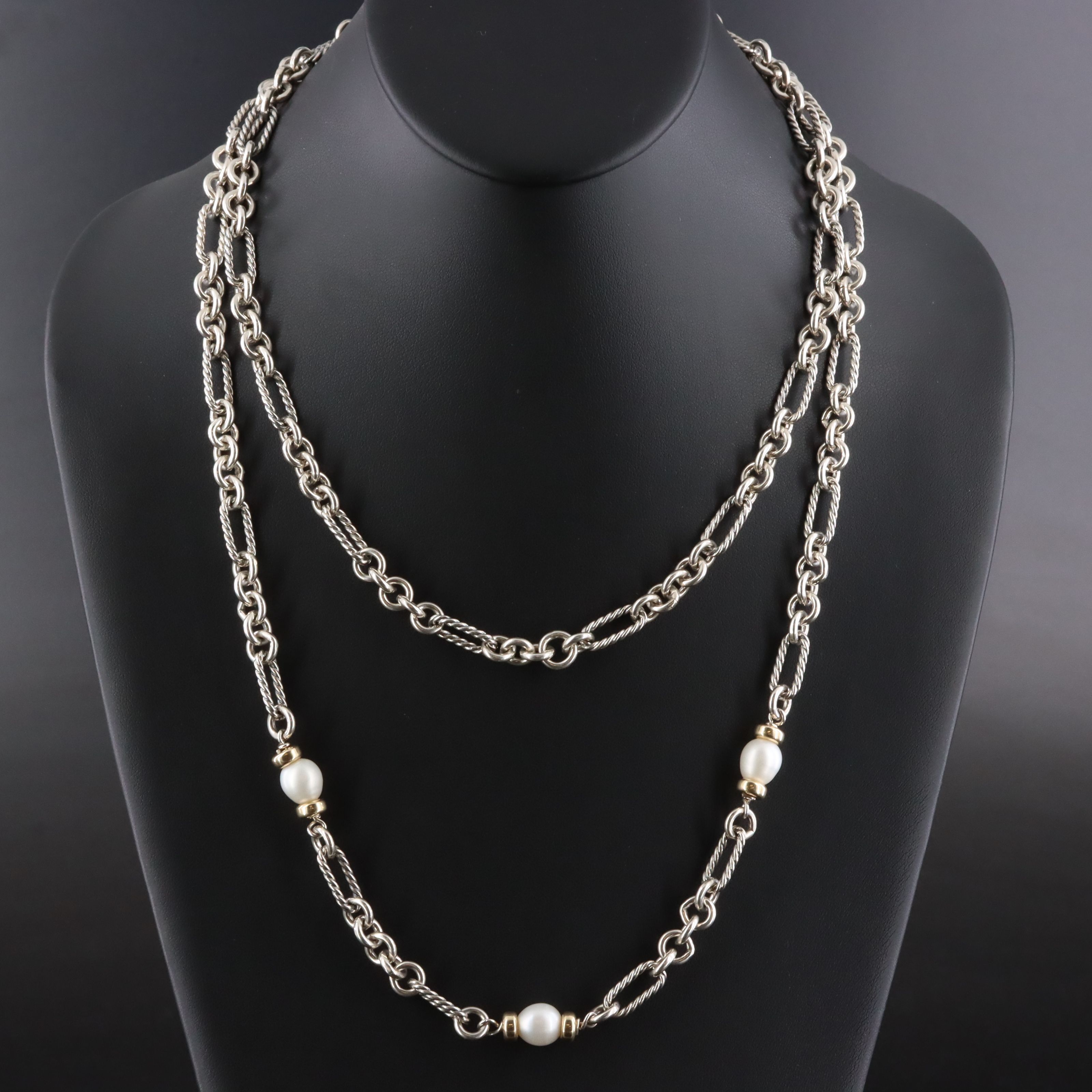 Sterling Pearl Station Figaro Chain Necklace