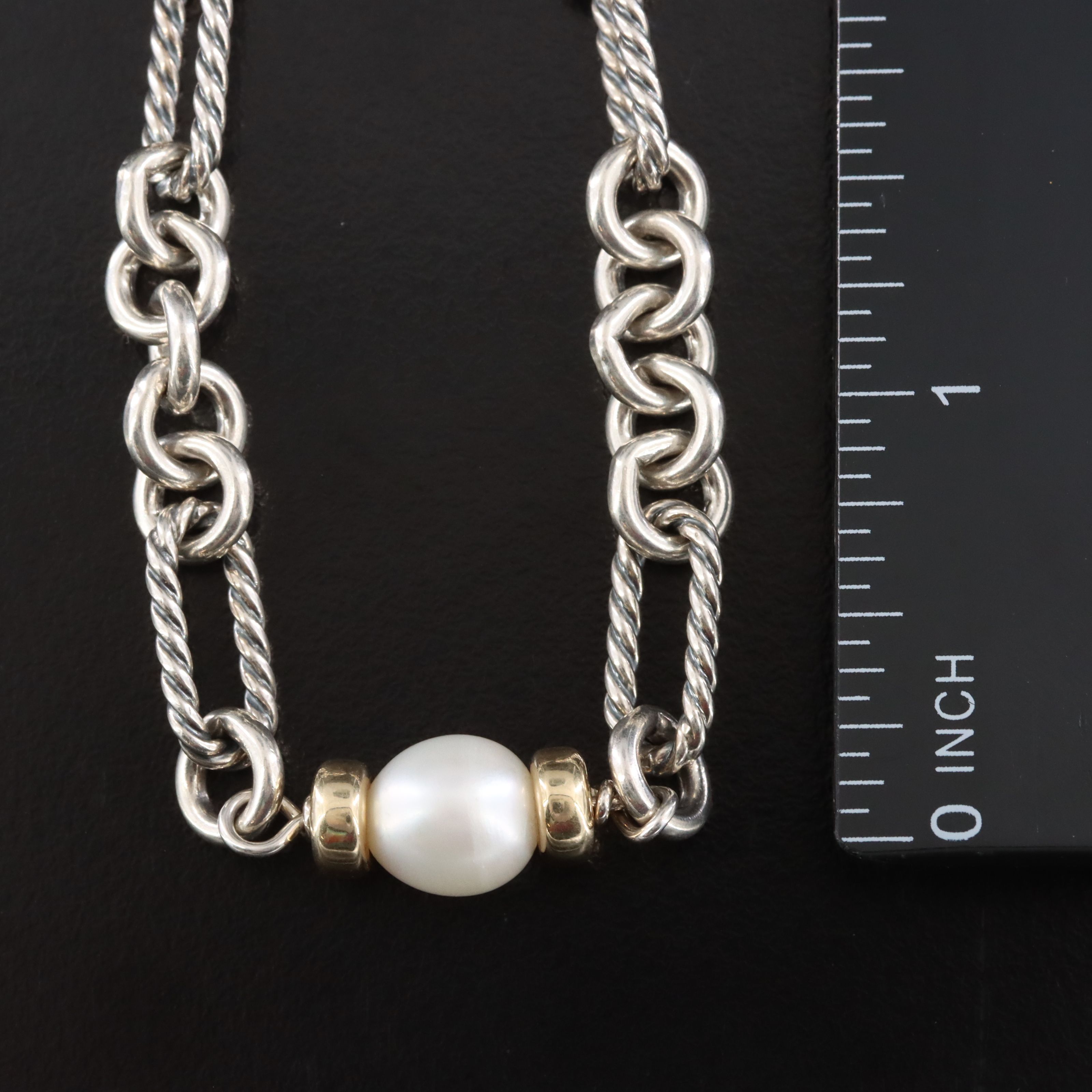Sterling Pearl Station Figaro Chain Necklace
