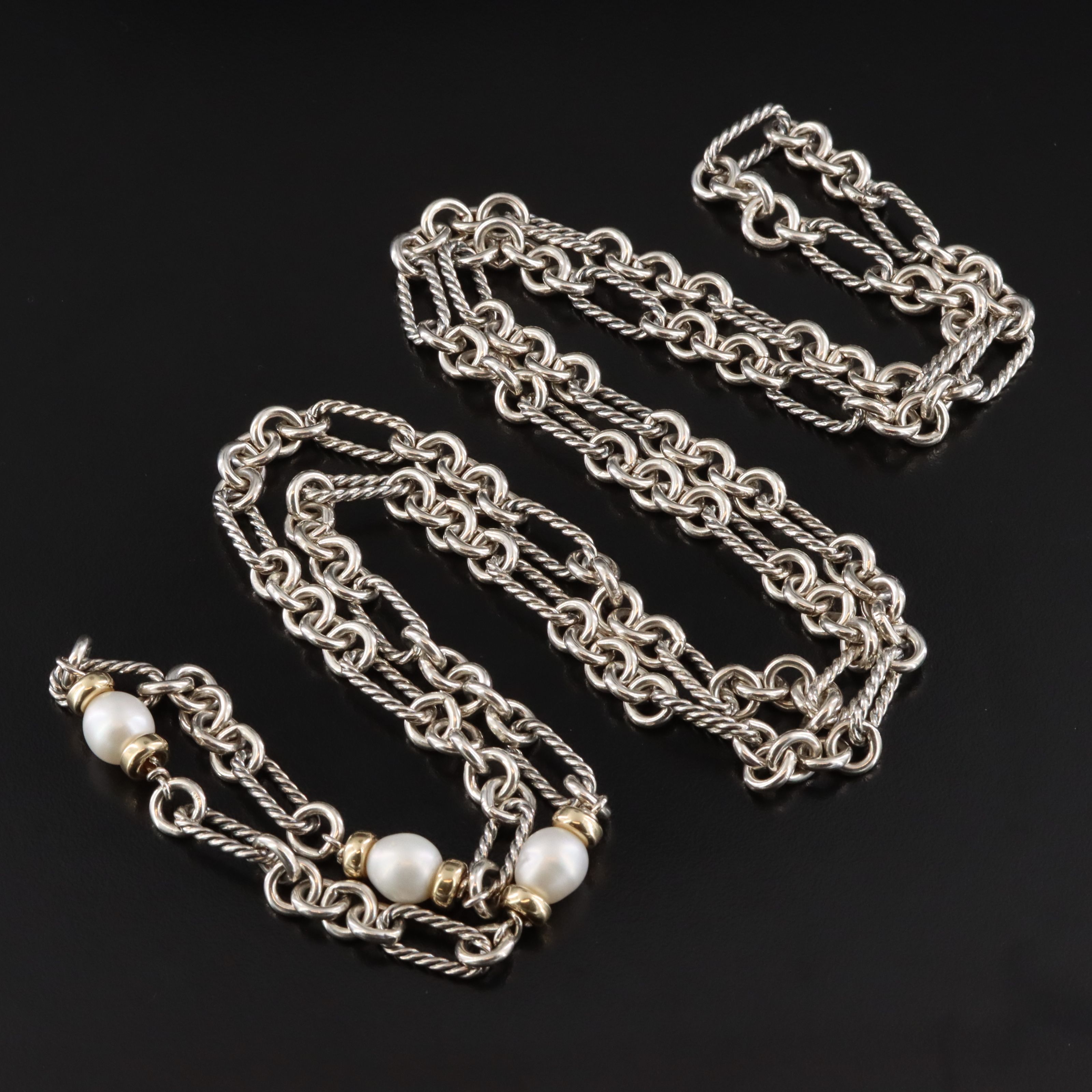 Sterling Pearl Station Figaro Chain Necklace