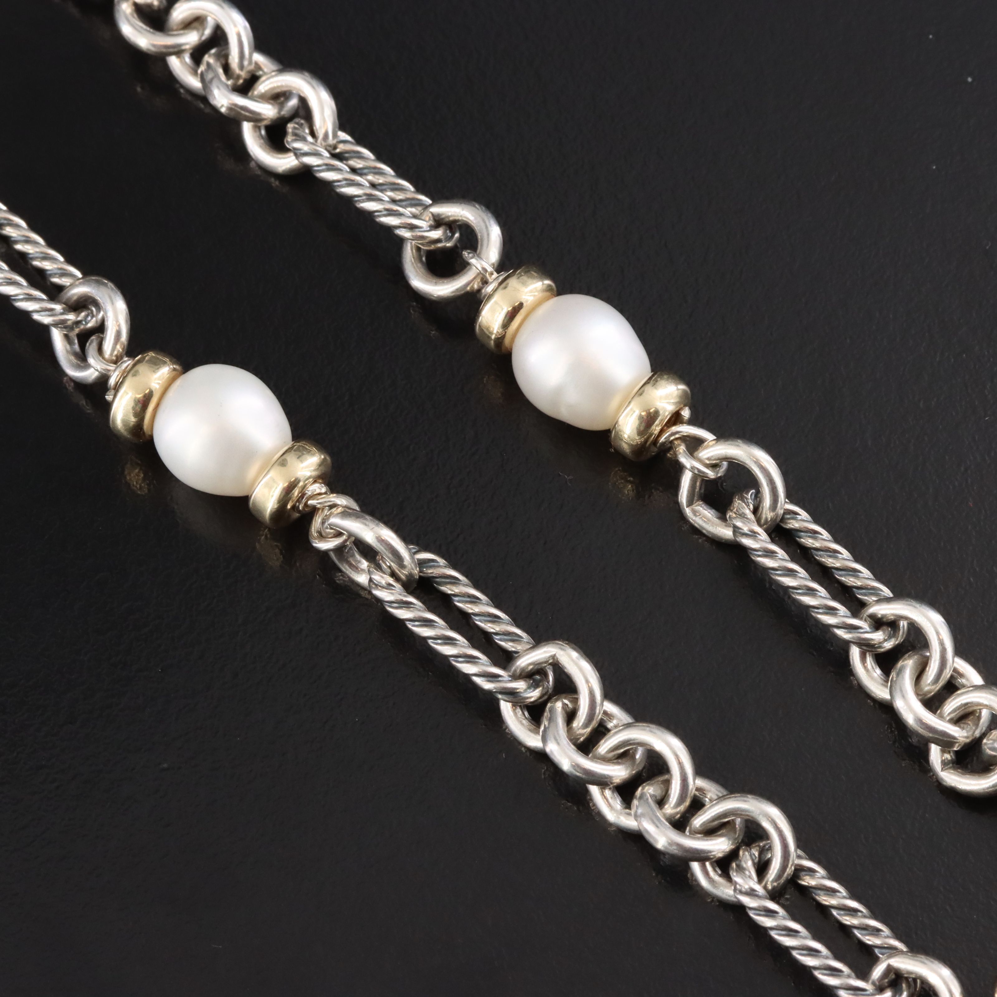 Sterling Pearl Station Figaro Chain Necklace