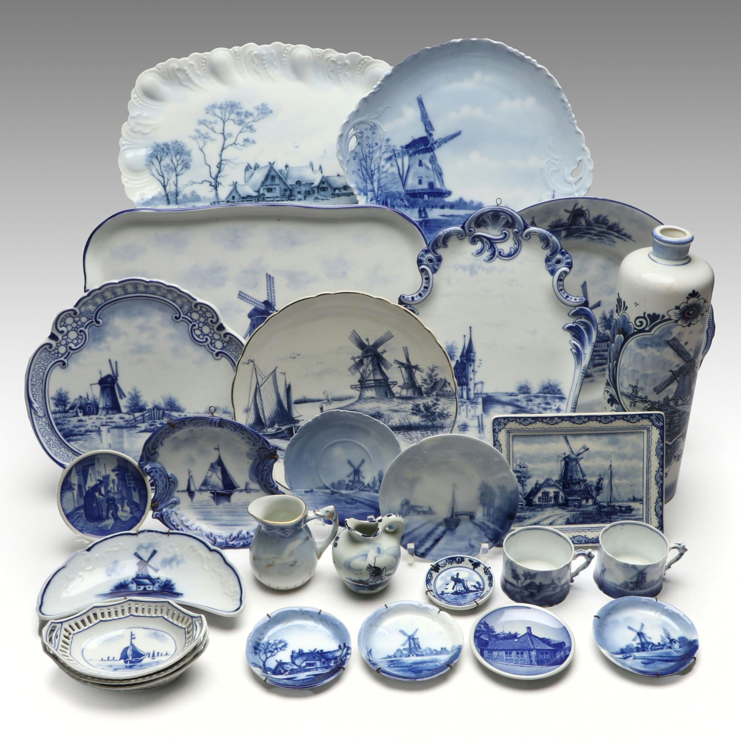 Rynbende Delft Blue Ceramic Vase with Other European Delft Blue Tableware