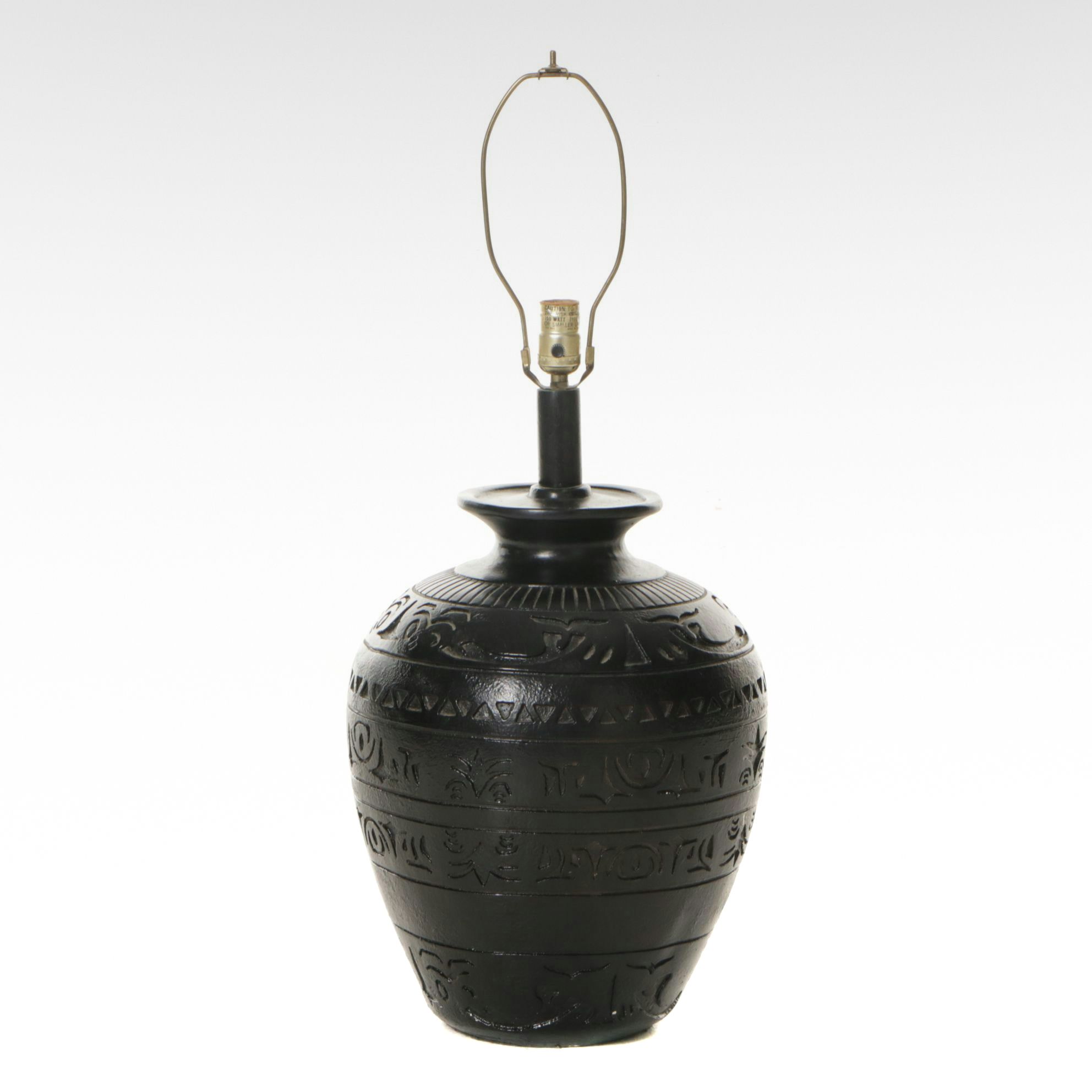 Carved Motif Black Ceramic Urn Table Lamp