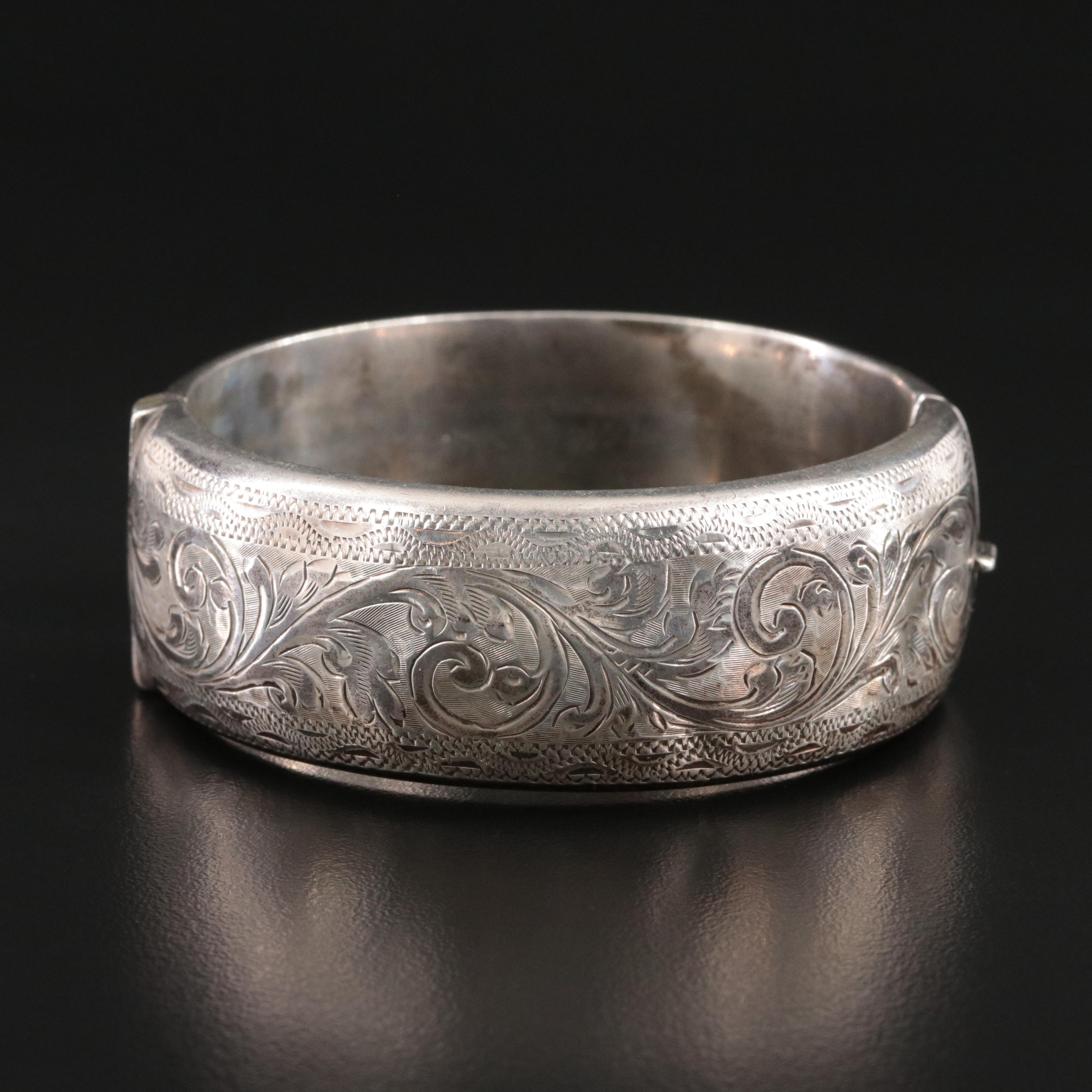 Vintage English Sterling Hinged Bangle with Scroll Design
