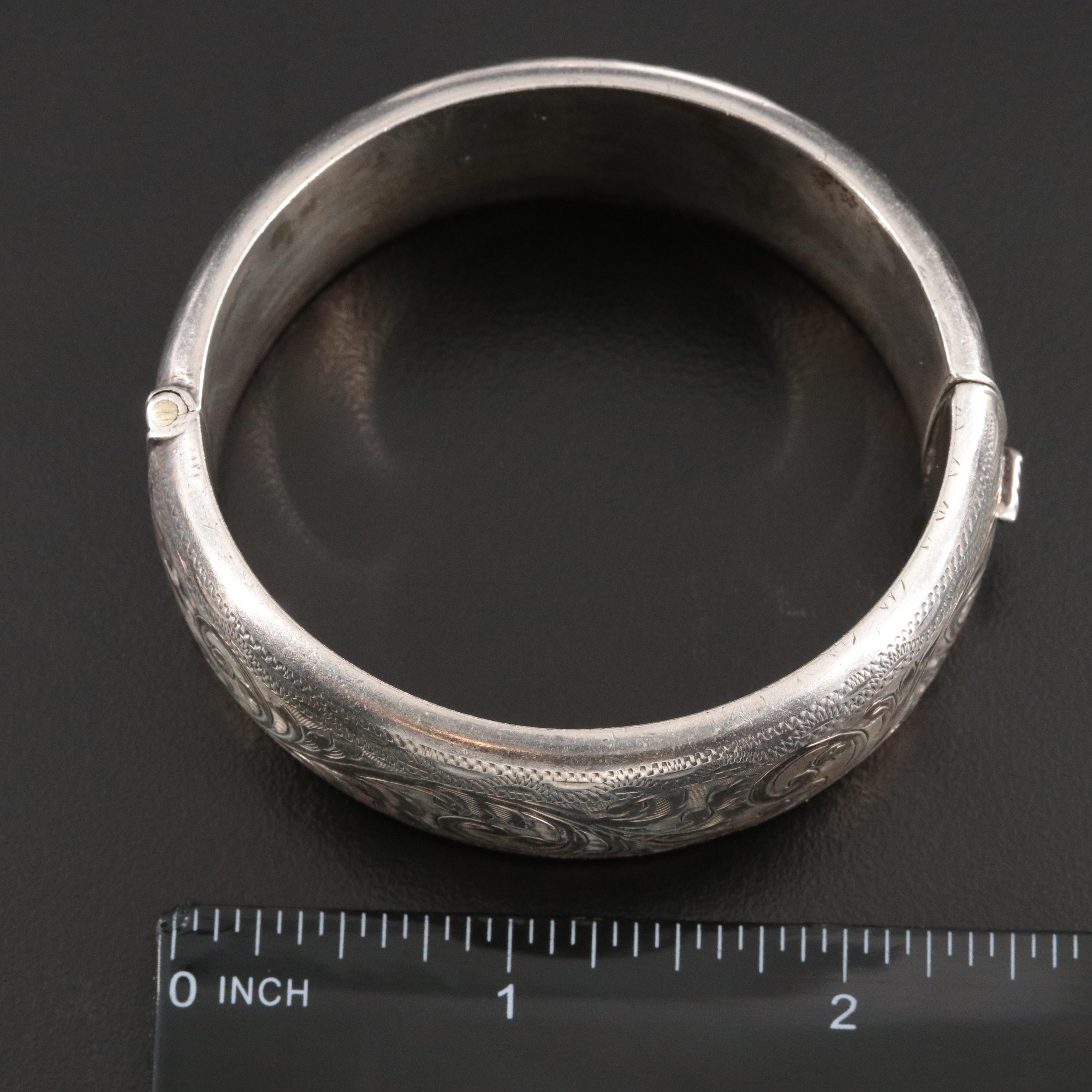 Vintage English Sterling Hinged Bangle with Scroll Design