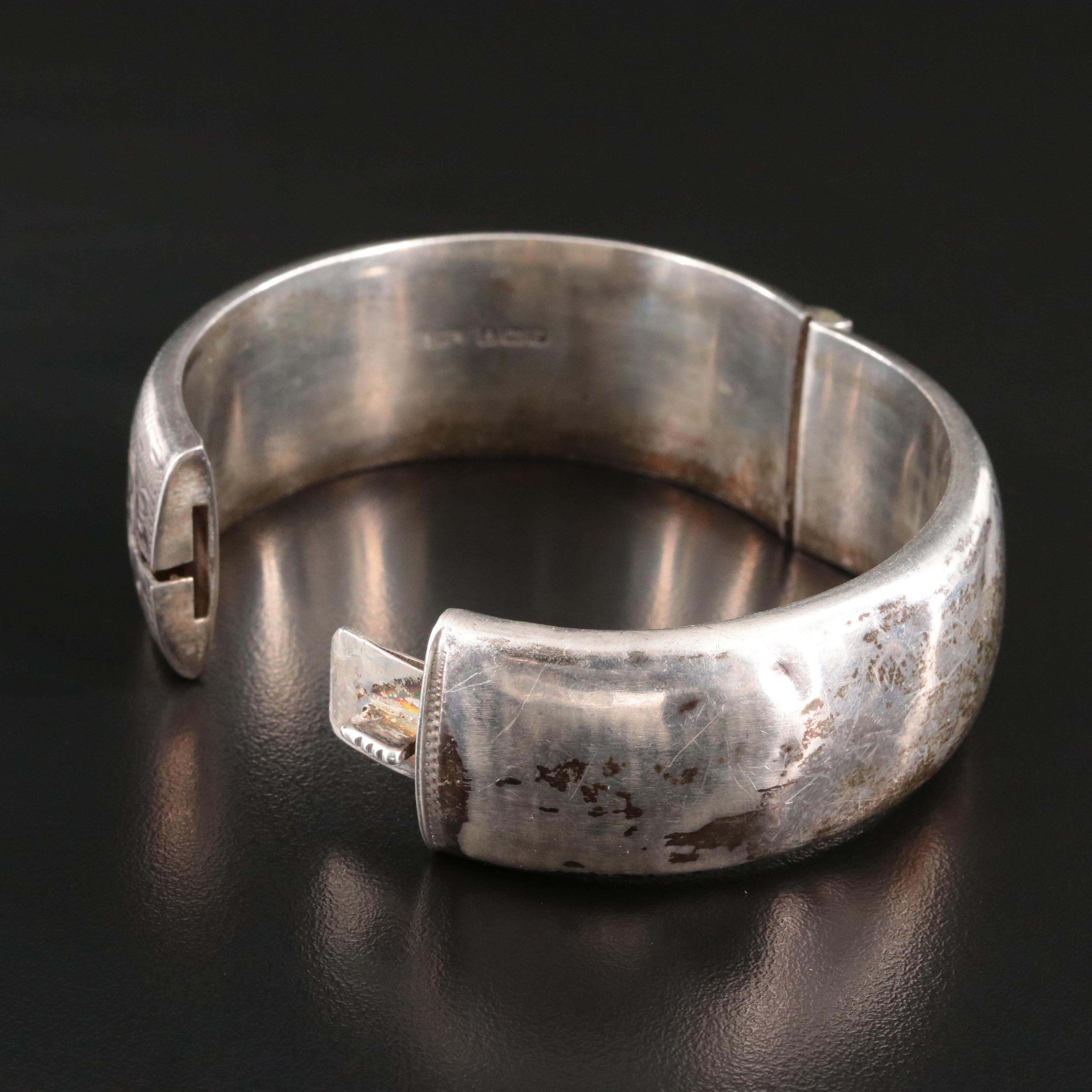 Vintage English Sterling Hinged Bangle with Scroll Design