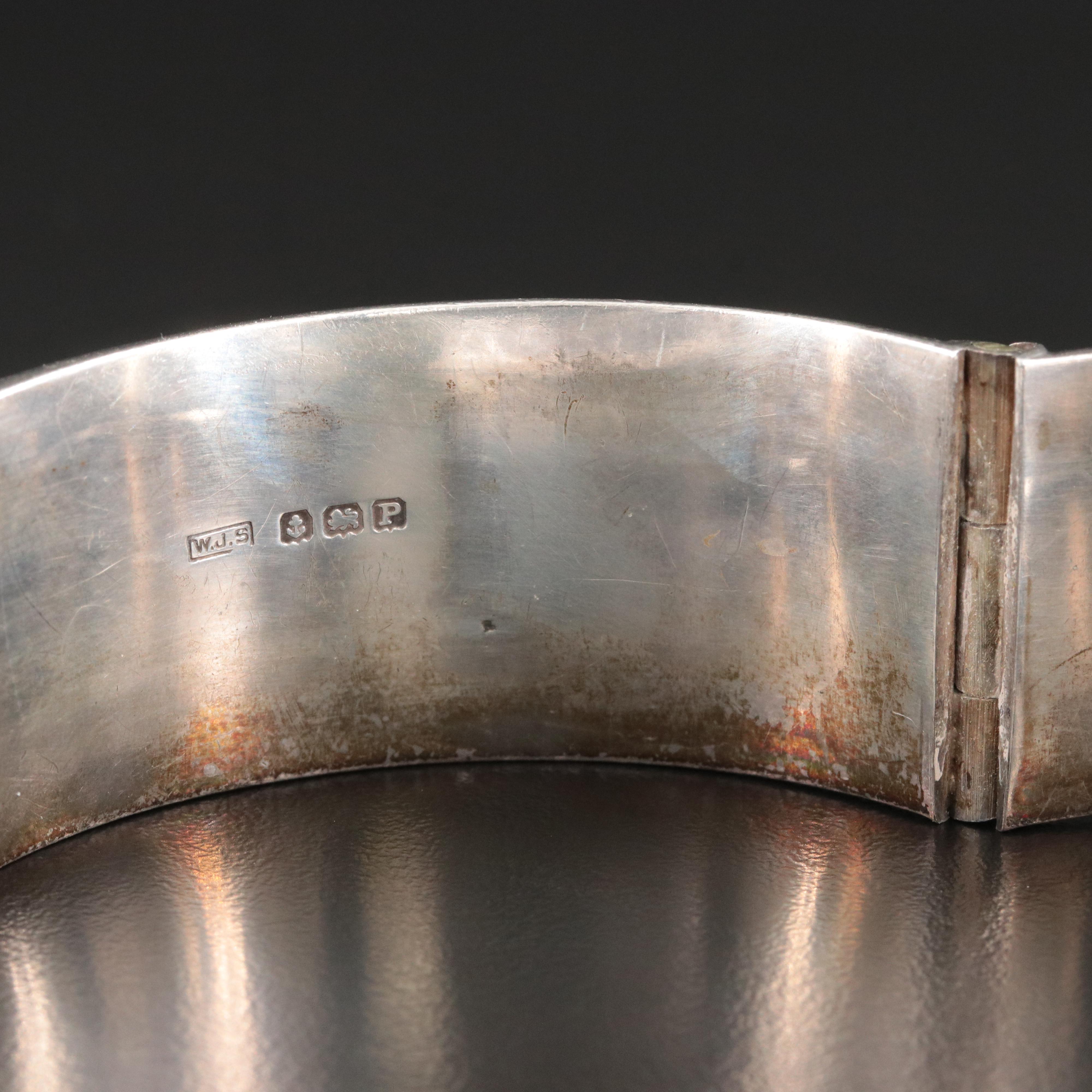 Vintage English Sterling Hinged Bangle with Scroll Design