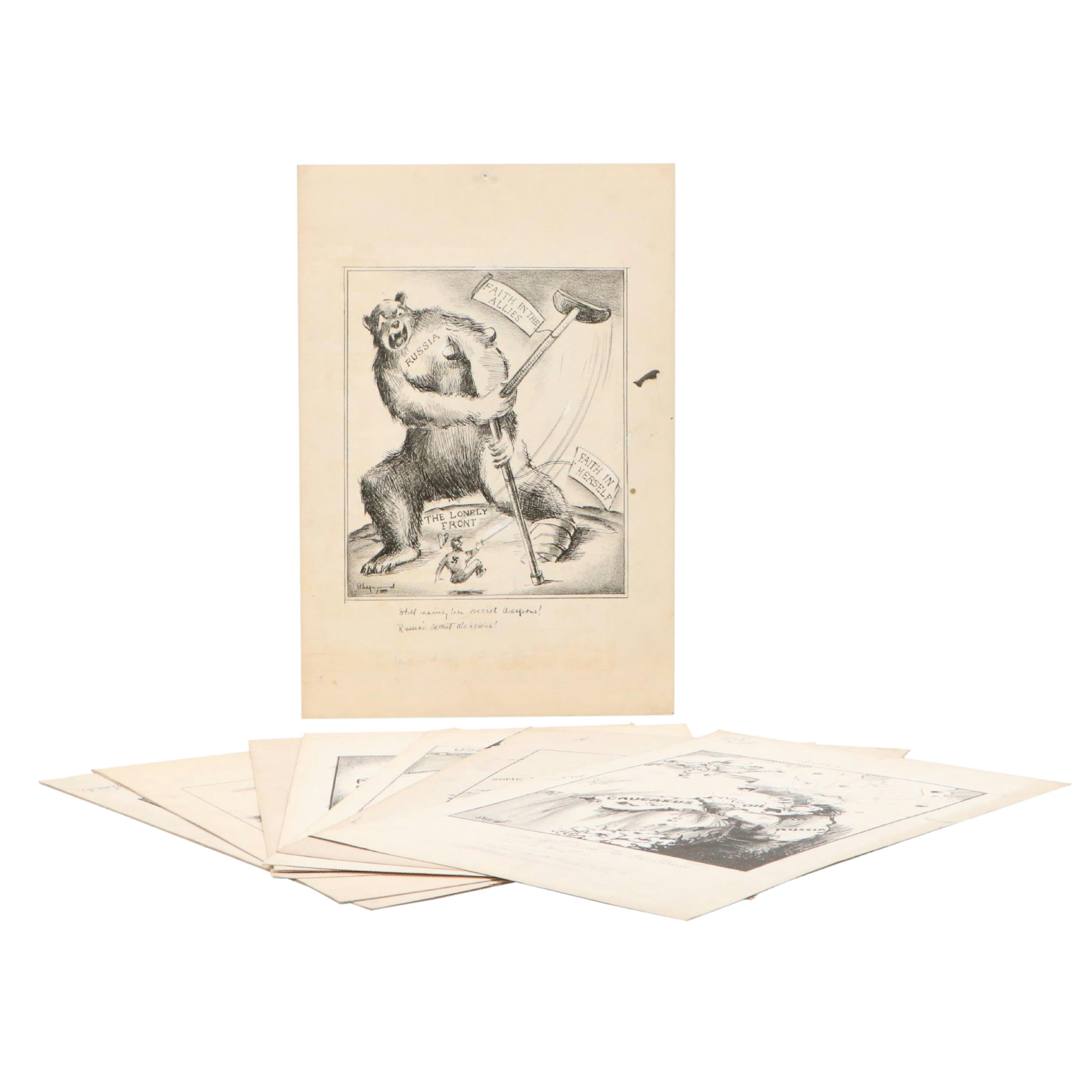 Shepard Mixed Media Cartoons of WWII Eastern Front Military Campaigns, 1940s