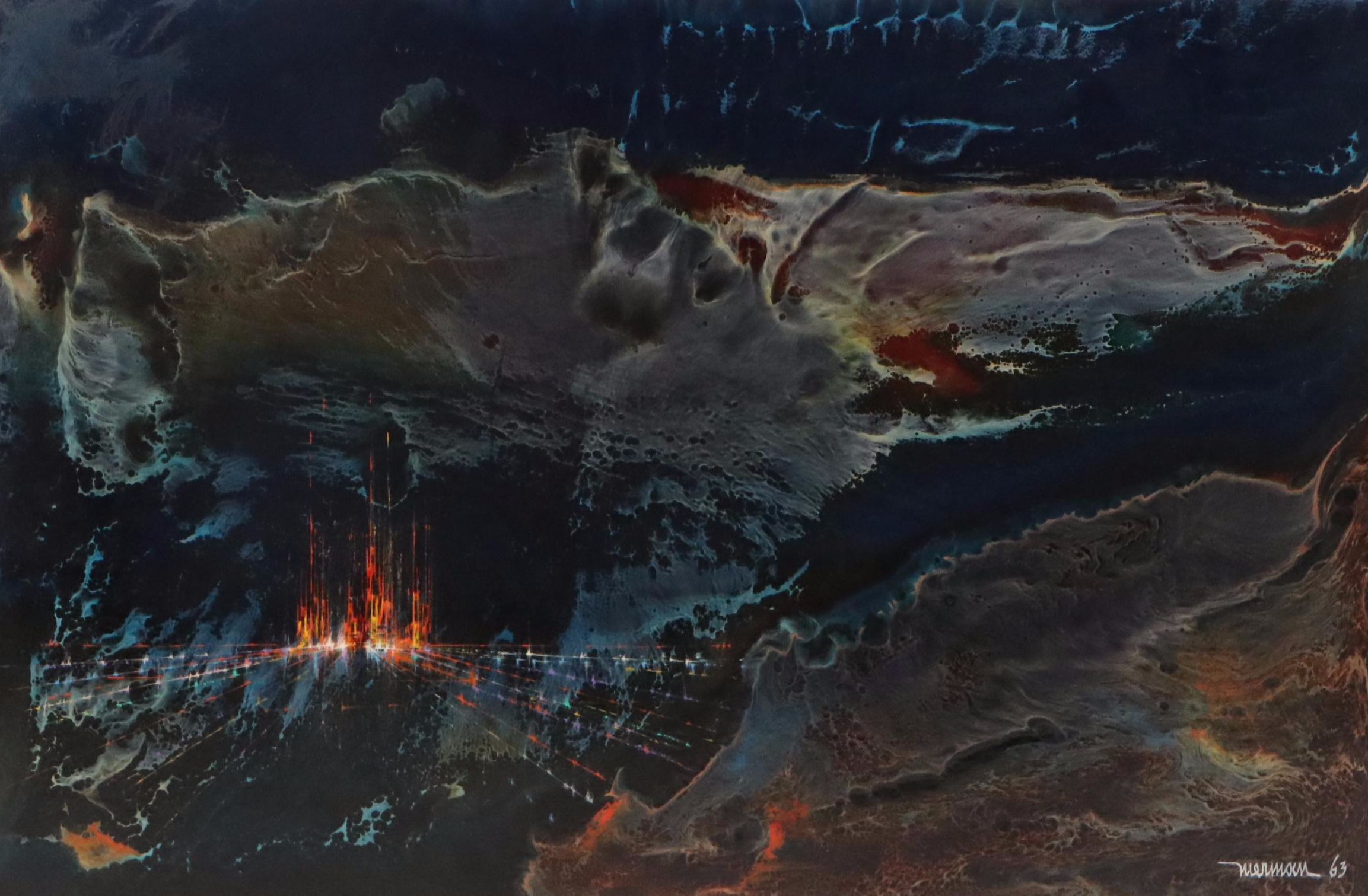 Leonardo Nierman Abstract Oil Painting of Nebulous Landscape, 1963