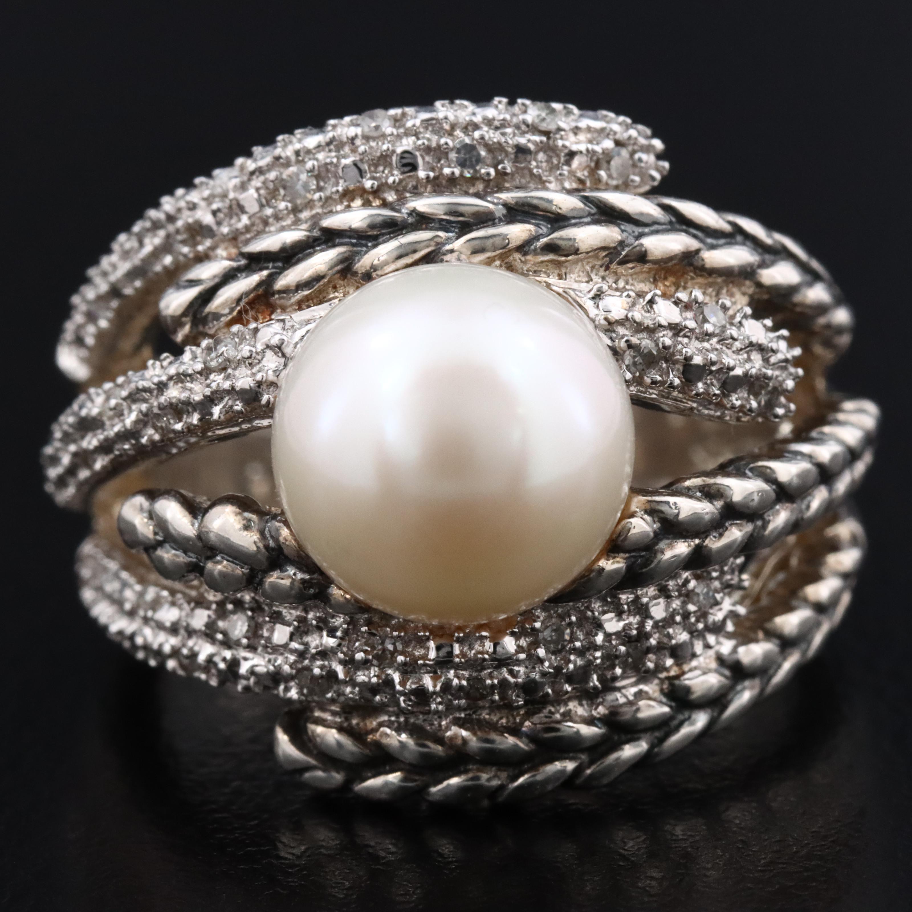 Sterling Pearl and Diamond Ring