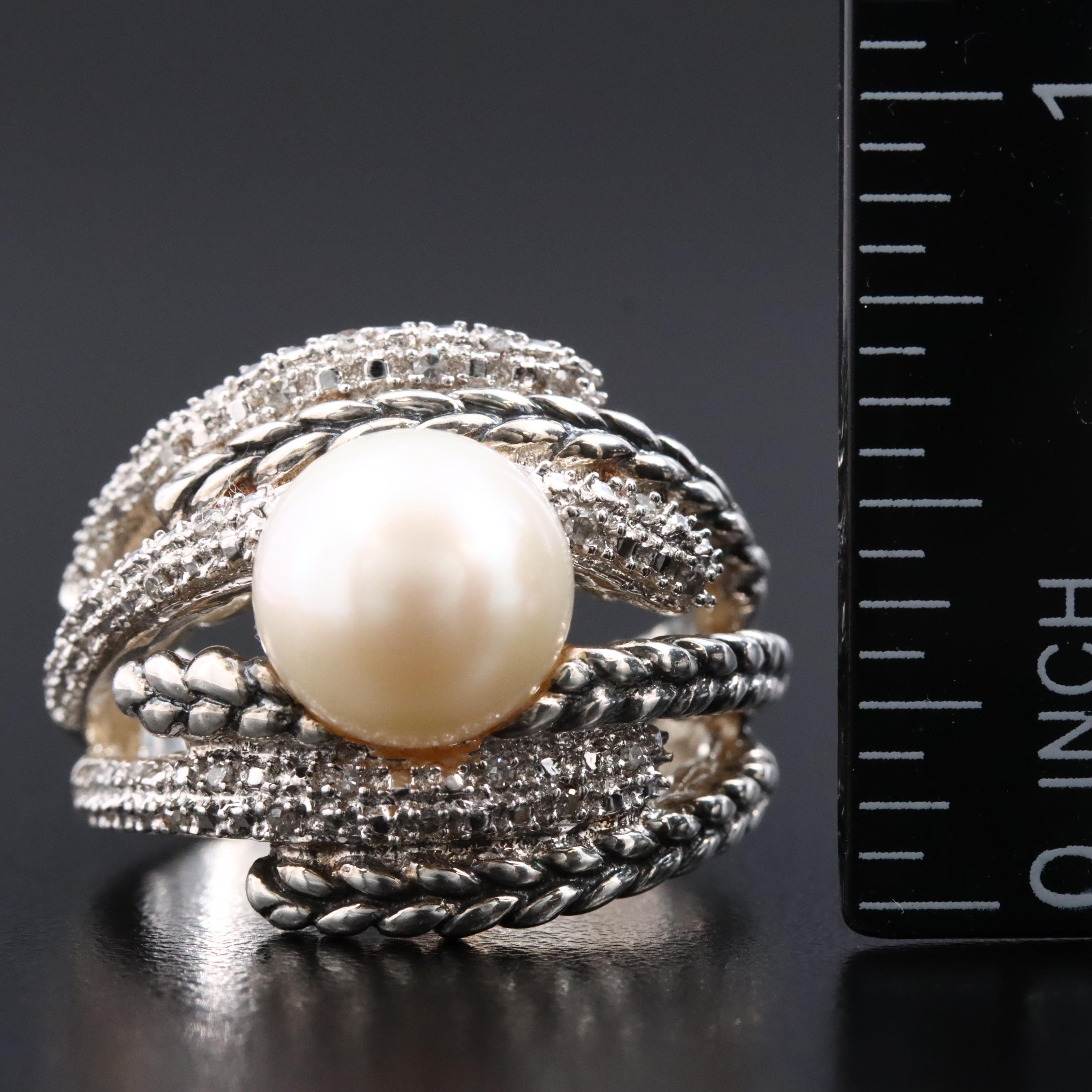 Sterling Pearl and Diamond Ring