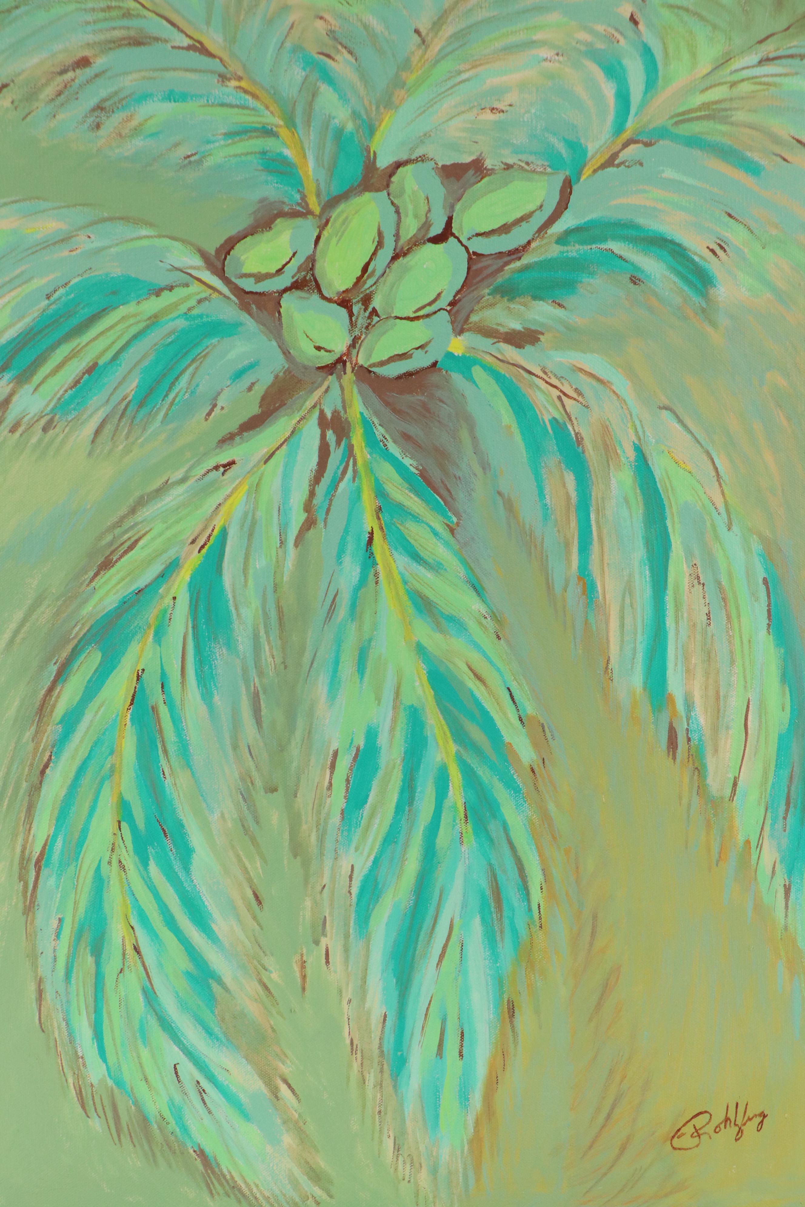 Acrylic Painting of Impressionistic Green Palm Tree, Early 21st Century