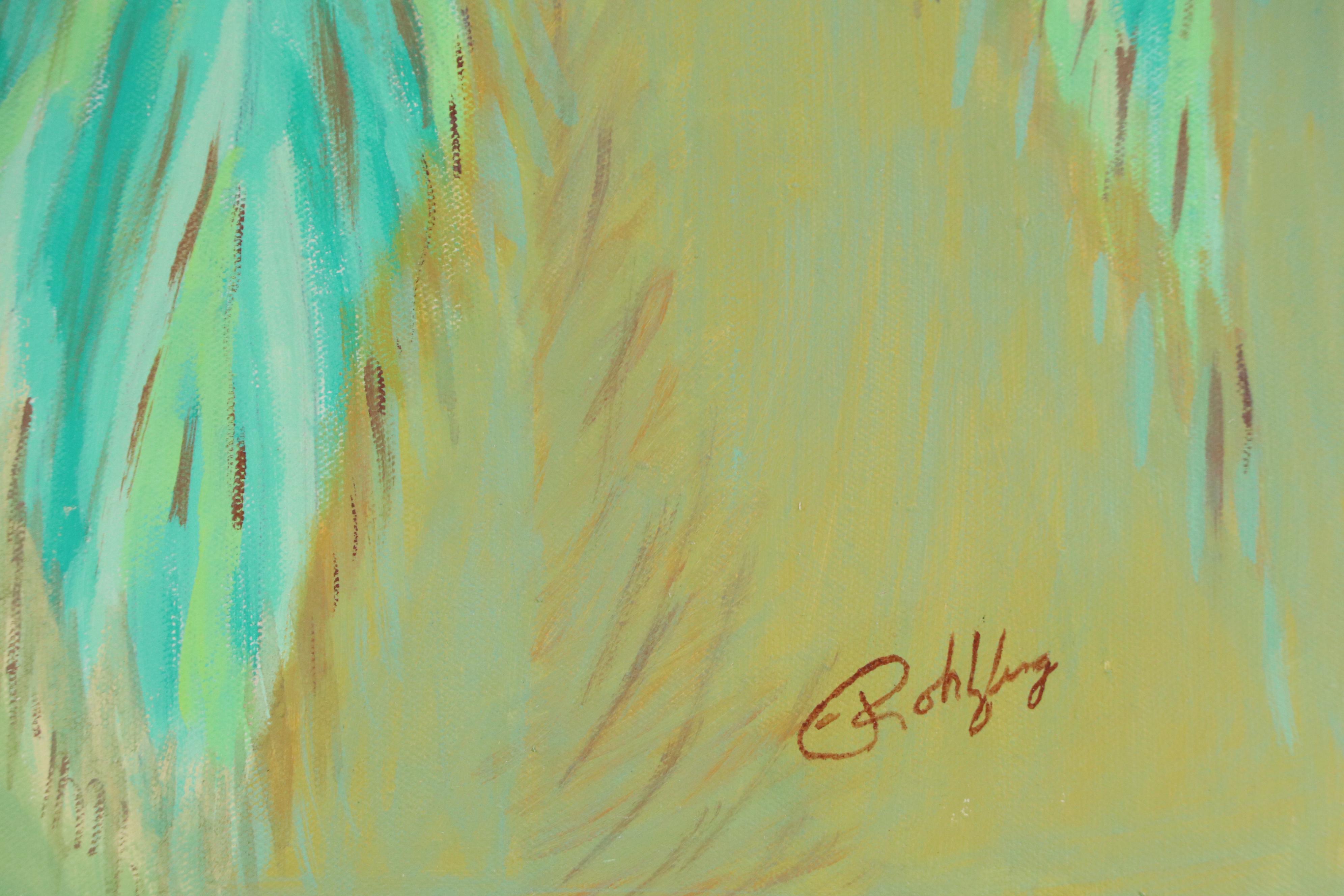 Acrylic Painting of Impressionistic Green Palm Tree, Early 21st Century