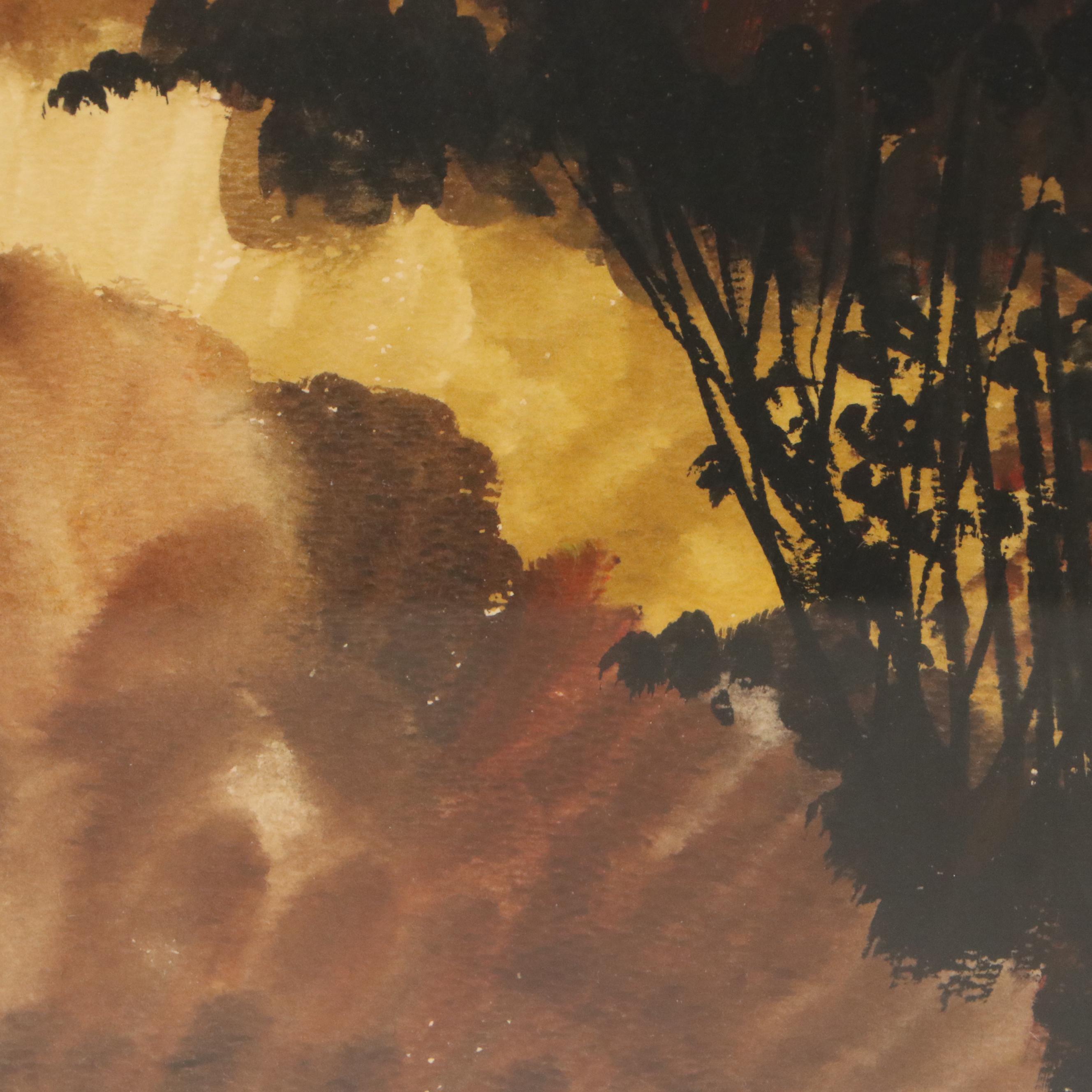 Claude Carette Watercolor Painting of Landscape, Circa 1960